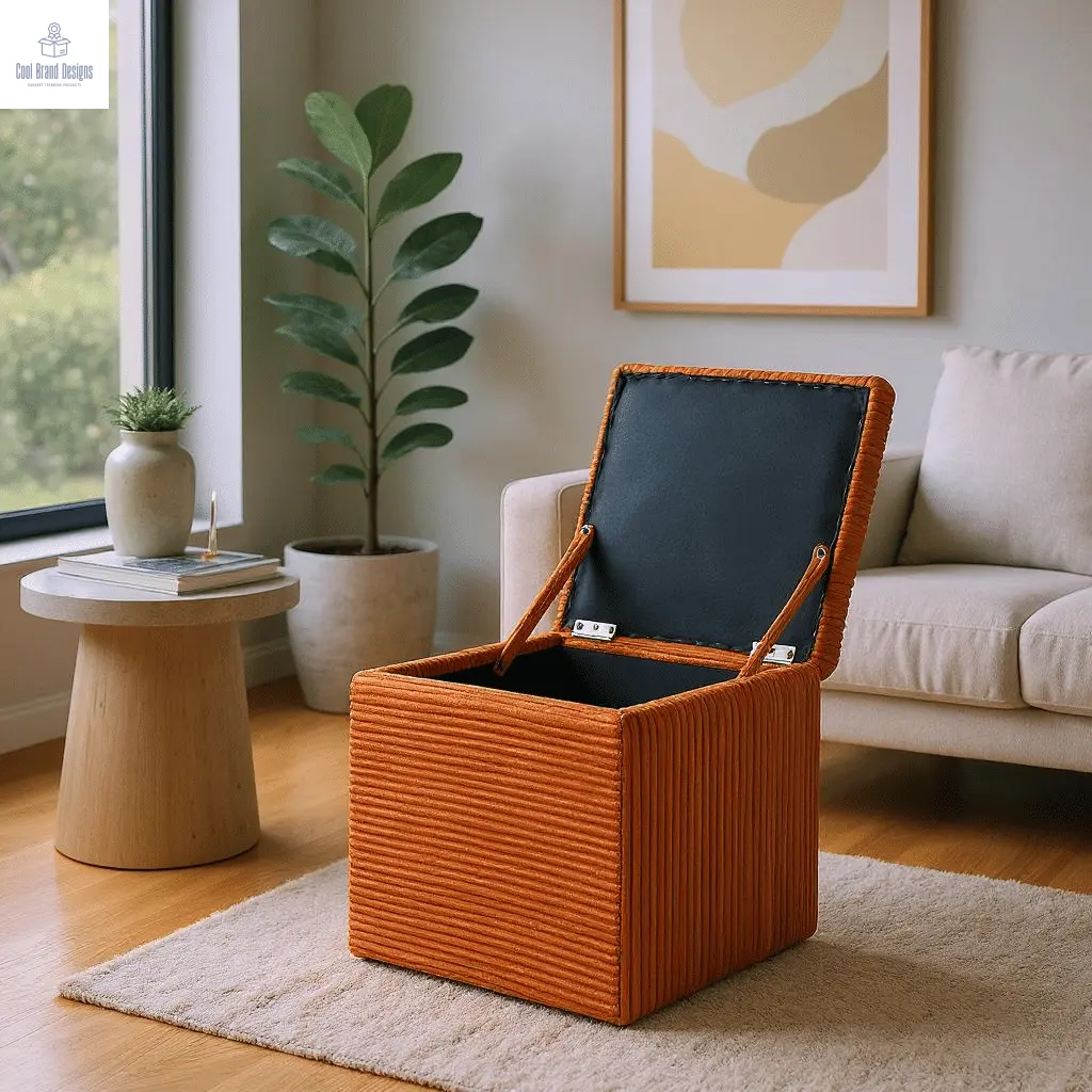 Brown Linen-Textured Storage Ottoman with Black Rubber Feet – Compact Square Seat with Hidden Storage, 42×42×44cm - Cool Brand Designs