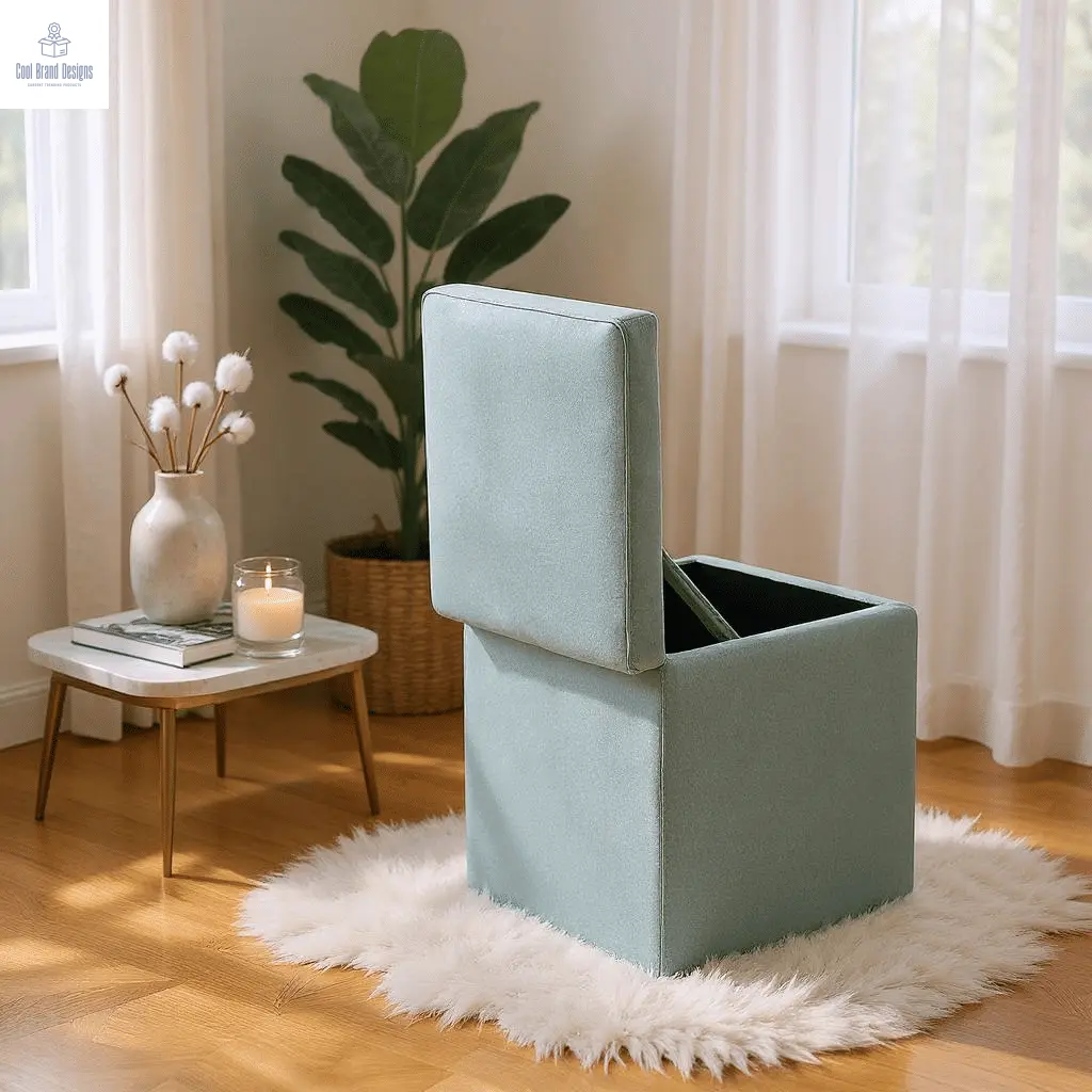Brown Linen-Textured Storage Ottoman with Black Rubber Feet – Compact Square Seat with Hidden Storage, 42×42×44cm - Cool Brand Designs