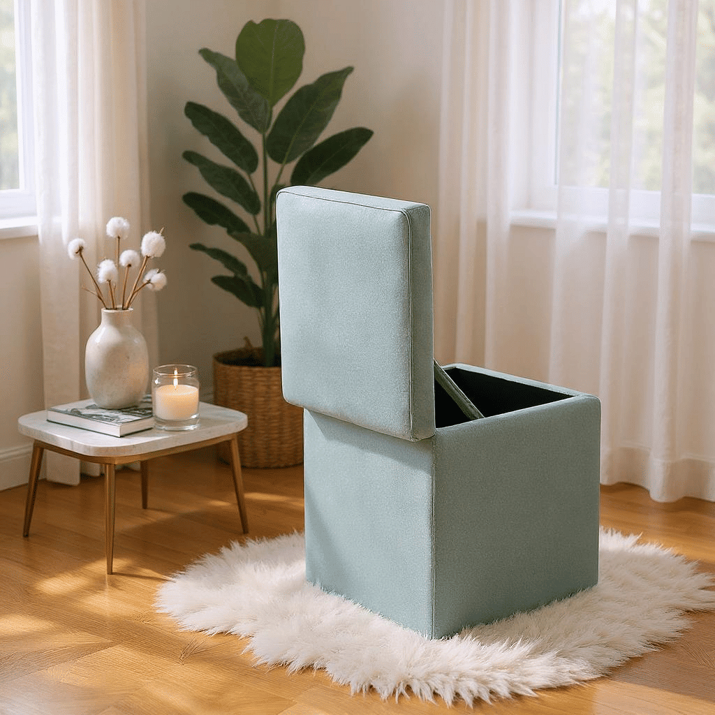 Brown Linen-Textured Storage Ottoman with Black Rubber Feet – Compact Square Seat with Hidden Storage, 42×42×44cm - Cool Brand Designs
