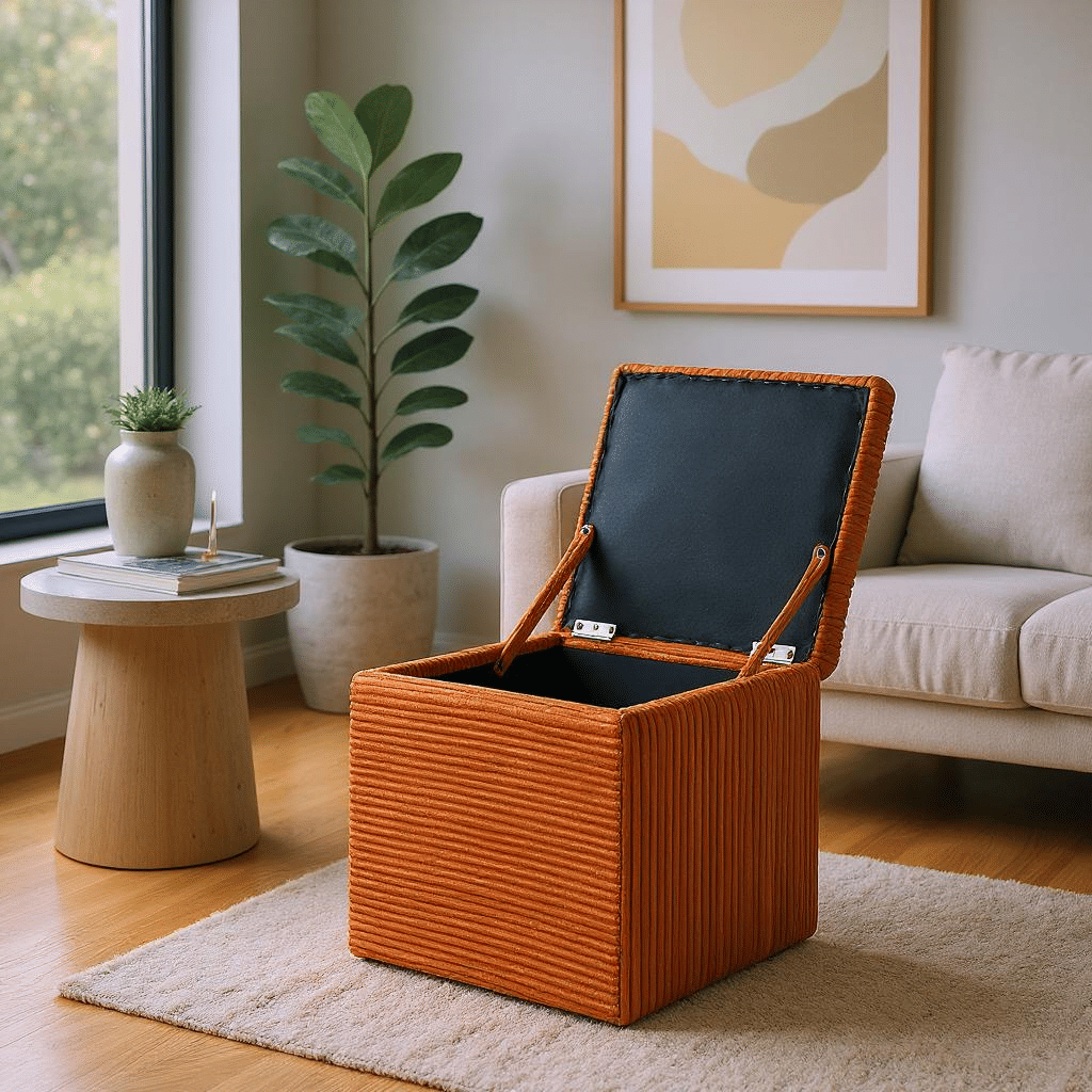 Brown Linen-Textured Storage Ottoman with Black Rubber Feet – Compact Square Seat with Hidden Storage, 42×42×44cm - Cool Brand Designs