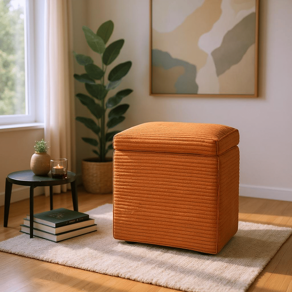Brown Linen-Textured Storage Ottoman with Black Rubber Feet – Compact Square Seat with Hidden Storage, 42×42×44cm - Cool Brand Designs