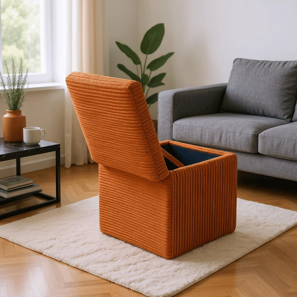 Brown Linen-Textured Storage Ottoman with Black Rubber Feet – Compact Square Seat with Hidden Storage, 42×42×44cm - Cool Brand Designs