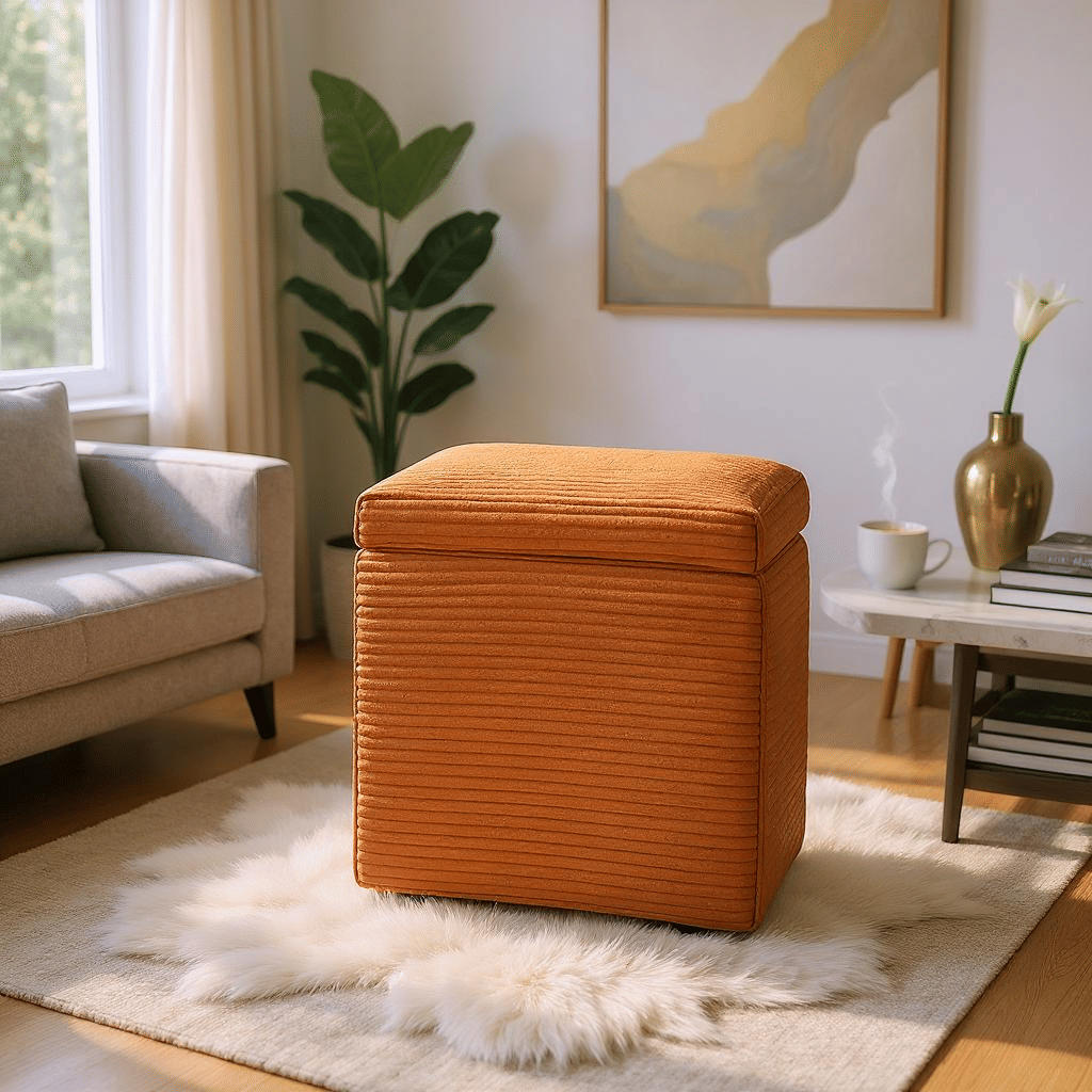 Brown Linen-Textured Storage Ottoman with Black Rubber Feet – Compact Square Seat with Hidden Storage, 42×42×44cm - Cool Brand Designs