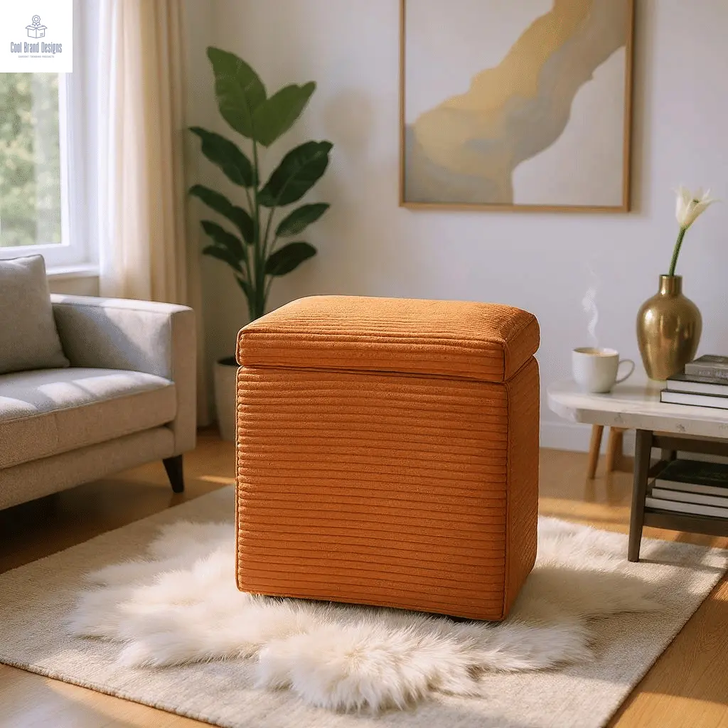 Brown Linen-Textured Storage Ottoman with Black Rubber Feet – Compact Square Seat with Hidden Storage, 42×42×44cm - Cool Brand Designs
