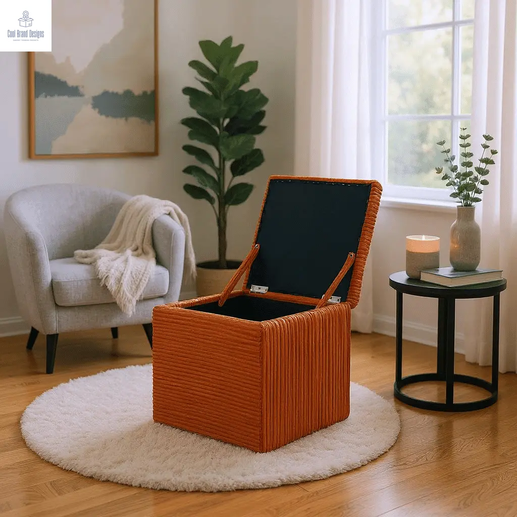 Brown Linen-Textured Storage Ottoman with Black Rubber Feet – Compact Square Seat with Hidden Storage, 42×42×44cm - Cool Brand Designs