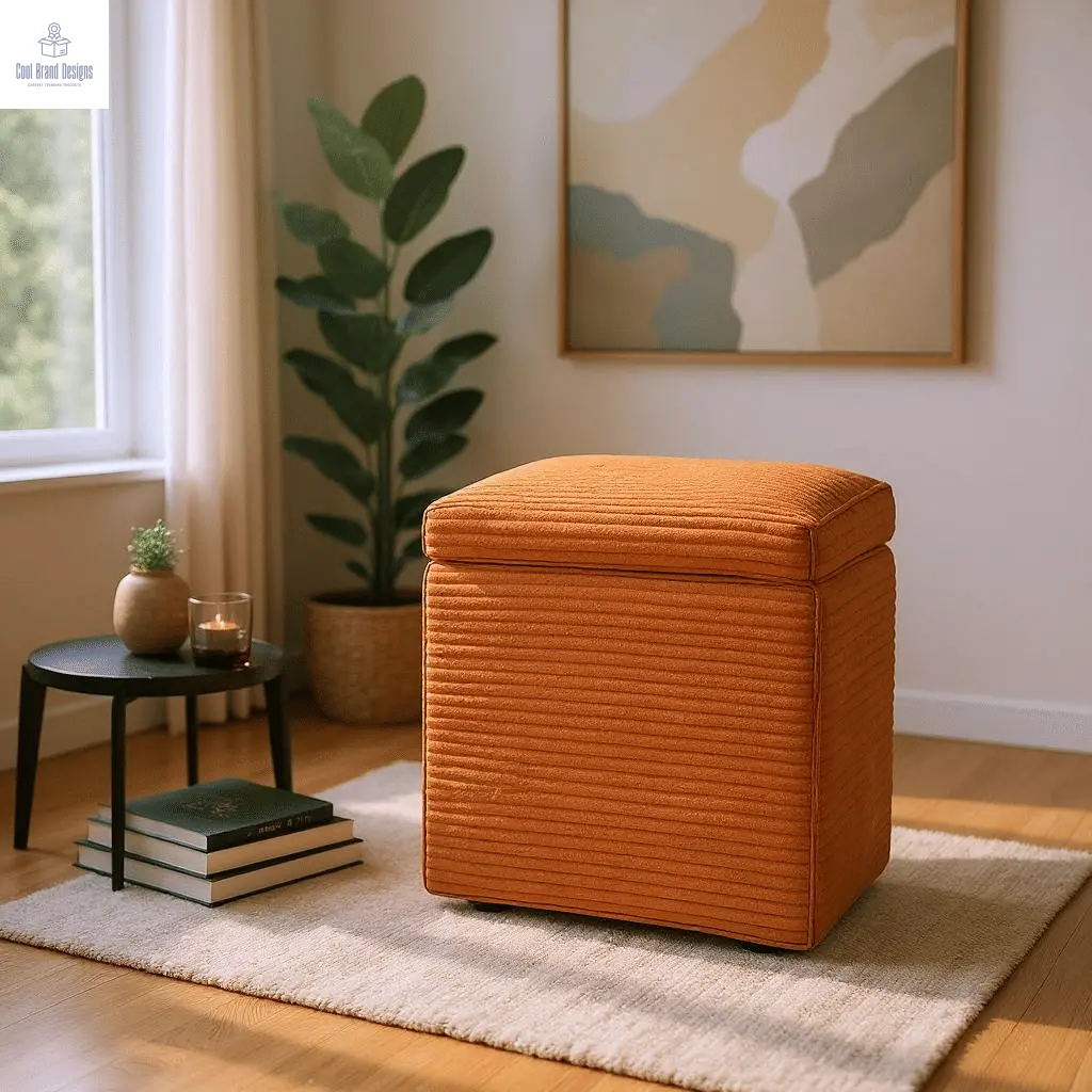 Brown Linen-Textured Storage Ottoman with Black Rubber Feet – Compact Square Seat with Hidden Storage, 42×42×44cm - Cool Brand Designs