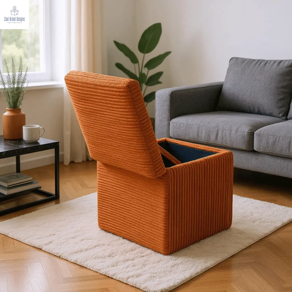 Brown Linen-Textured Storage Ottoman with Black Rubber Feet – Compact Square Seat with Hidden Storage, 42×42×44cm - Cool Brand Designs