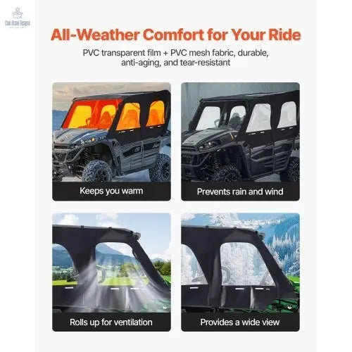 Cab Enclosure Upper Doors, Compatible with Kawasaki Teryx4 2012 - 2022, Soft Upper Doors, Windproof & Waterproof Upgraded Zipper UTV Soft Side Window Kit, Work with Roof and Partial Windshields - Cool Brand Designs
