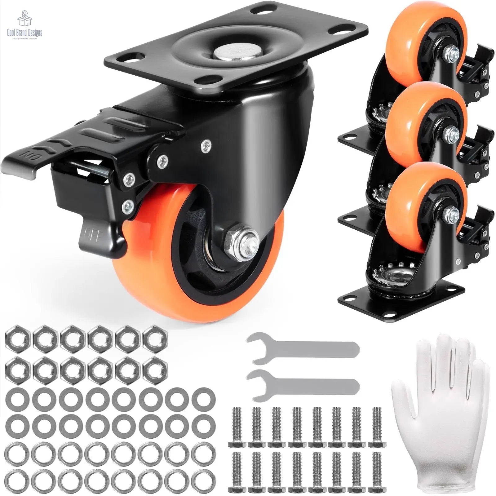 Caster Wheels, 3-inch Swivel Plate Casters, Set of 4, with Security A/B Locking No Noise PVC Wheels, Heavy Duty 250 lbs Load Capacity Per Caster, Non-Marking Wheels for Cart Furniture Workbench - Cool Brand Designs
