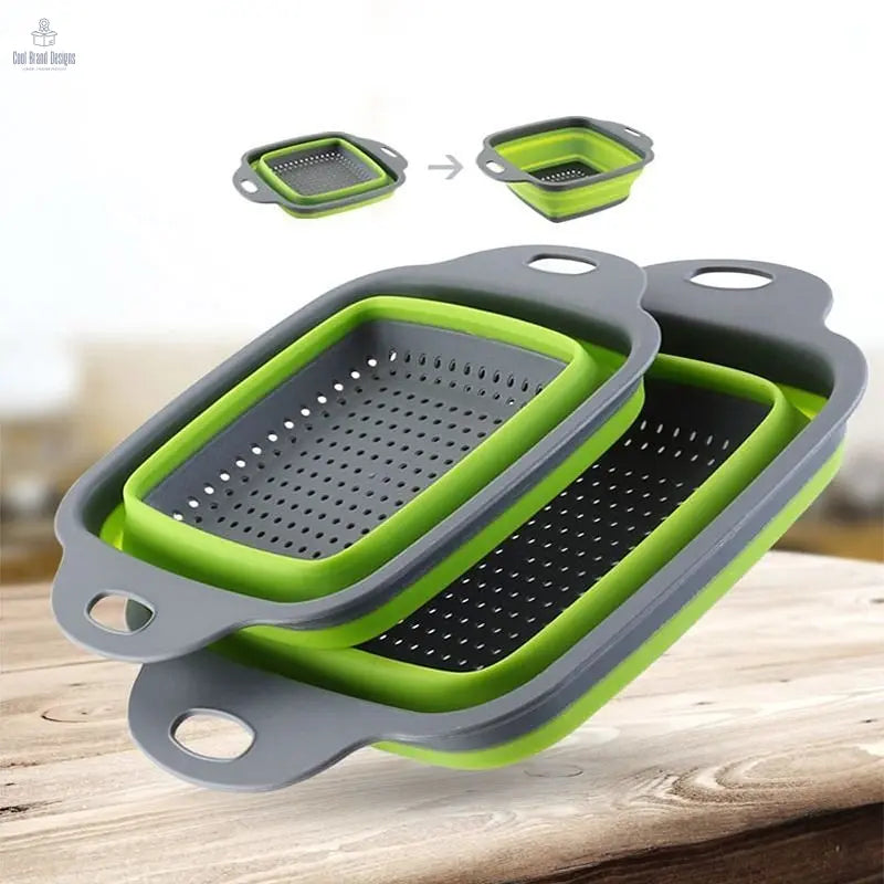 Collapsible Colander Set Of 2; Silicone Square Strainer With Handle For Kitchen Food Draining Pasta Vegetable Fruit And Meat - Cool Brand Designs