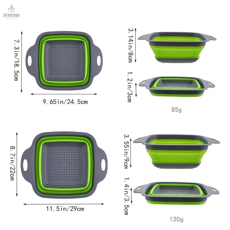 Collapsible Colander Set Of 2; Silicone Square Strainer With Handle For Kitchen Food Draining Pasta Vegetable Fruit And Meat - Cool Brand Designs