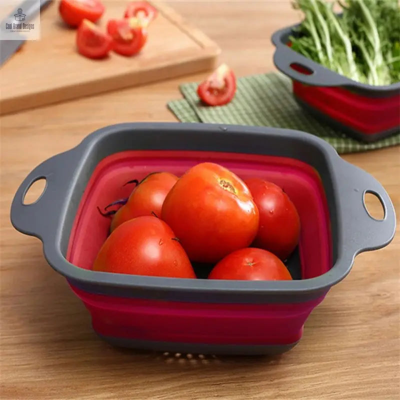 Collapsible Colander Set Of 2; Silicone Square Strainer With Handle For Kitchen Food Draining Pasta Vegetable Fruit And Meat - Cool Brand Designs