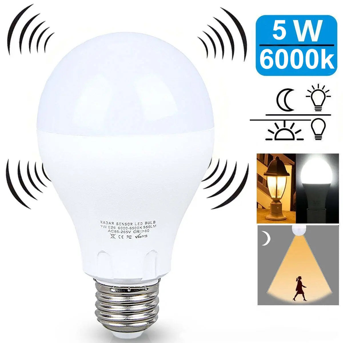 COLOR: BRIGHT WHITE (DAYLIGHT),PACK: 3 -PACK - LED LIGHT BULB W/ RADAR MOTION SENSOR 180 Deg 5w/50 Watts Cool Brand Designs