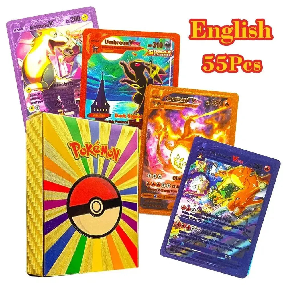 Color: nine - 55PCS Pokemon Colorful Gold Foil Card Charizard Pikachu Arceus Diamond Rainbow English French German Spanish VSTAR GX VMAX Cards - Cool Brand Designs
