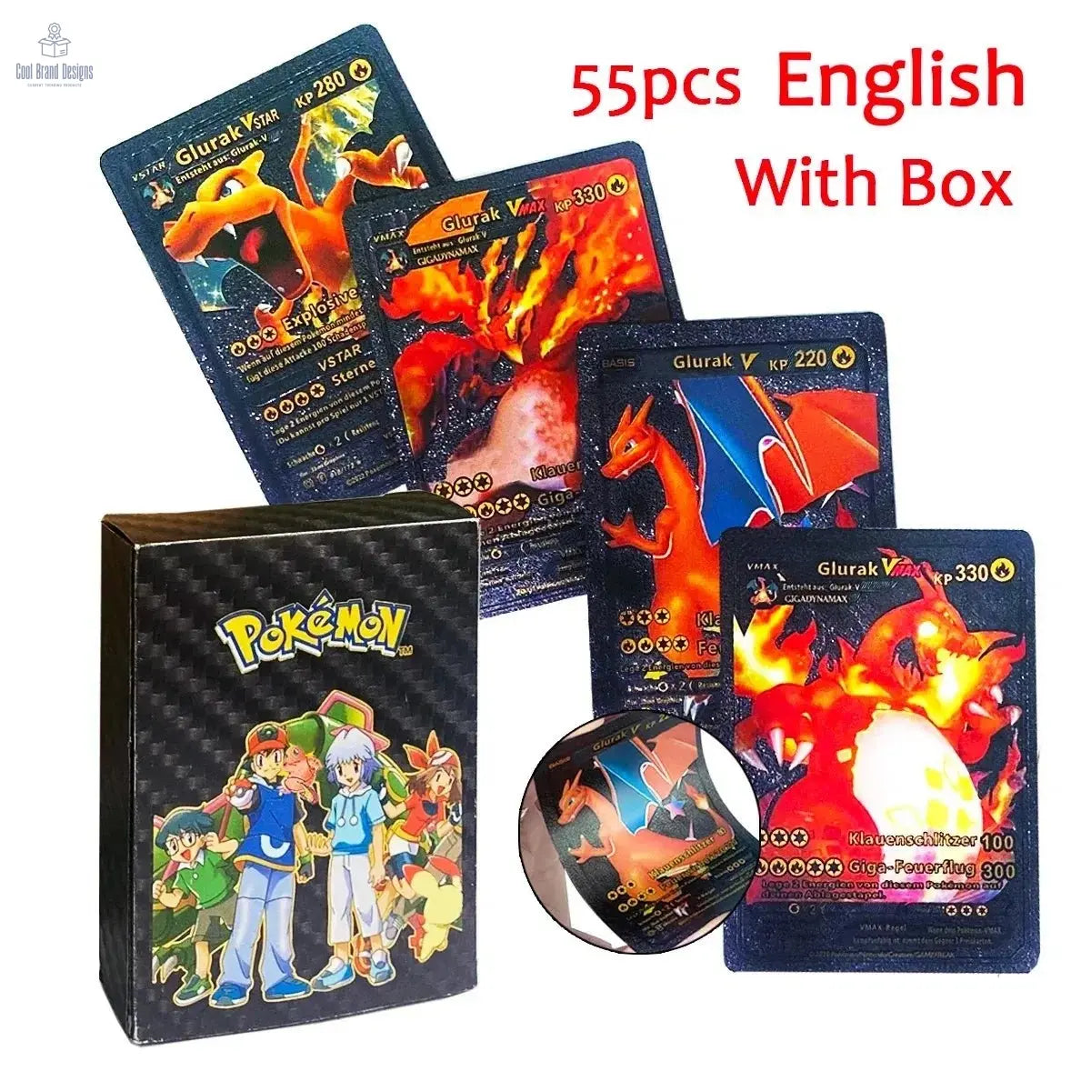 Color: nine - 55PCS Pokemon Colorful Gold Foil Card Charizard Pikachu Arceus Diamond Rainbow English French German Spanish VSTAR GX VMAX Cards - Cool Brand Designs