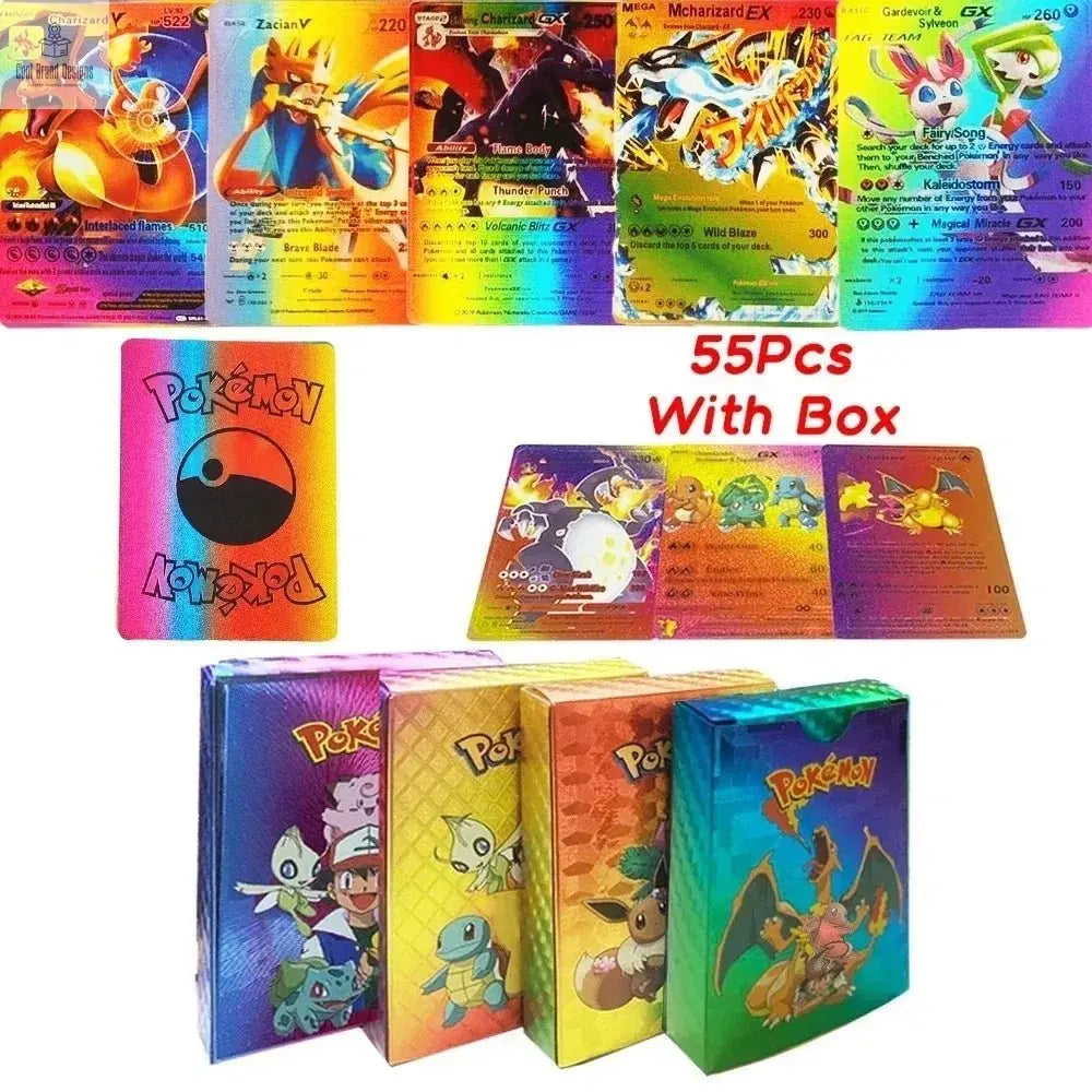 Color: nine - 55PCS Pokemon Colorful Gold Foil Card Charizard Pikachu Arceus Diamond Rainbow English French German Spanish VSTAR GX VMAX Cards - Cool Brand Designs