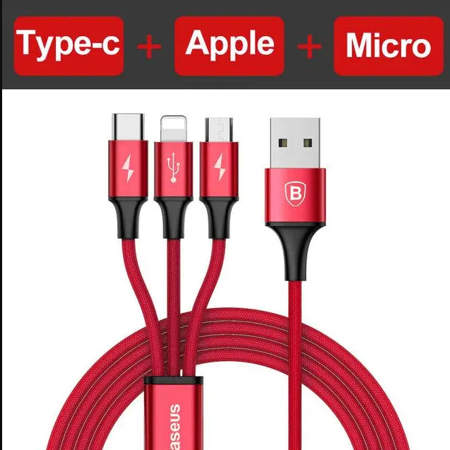 Compatible with Apple, Baseus USB Cable For iPhone X 8 7 6 Charging Charger 3 in 1 Micro USB Cable For Android USB Type c Type - c Mobile Phone Cables - Cool Brand Designs