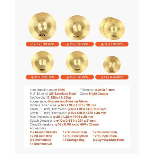 Cymbal Pack, 6 Pieces Cymbals for Drum Set, Alloy Cymbals Drum Set Includes 14 - inch Hi - Hats, 16 - inch Crash, 18 - inch Crash, 20 - inch Ride, 10 - inch Splash, 16 - inch China, Drumsticks & Cymbal Bag - Cool Brand Designs