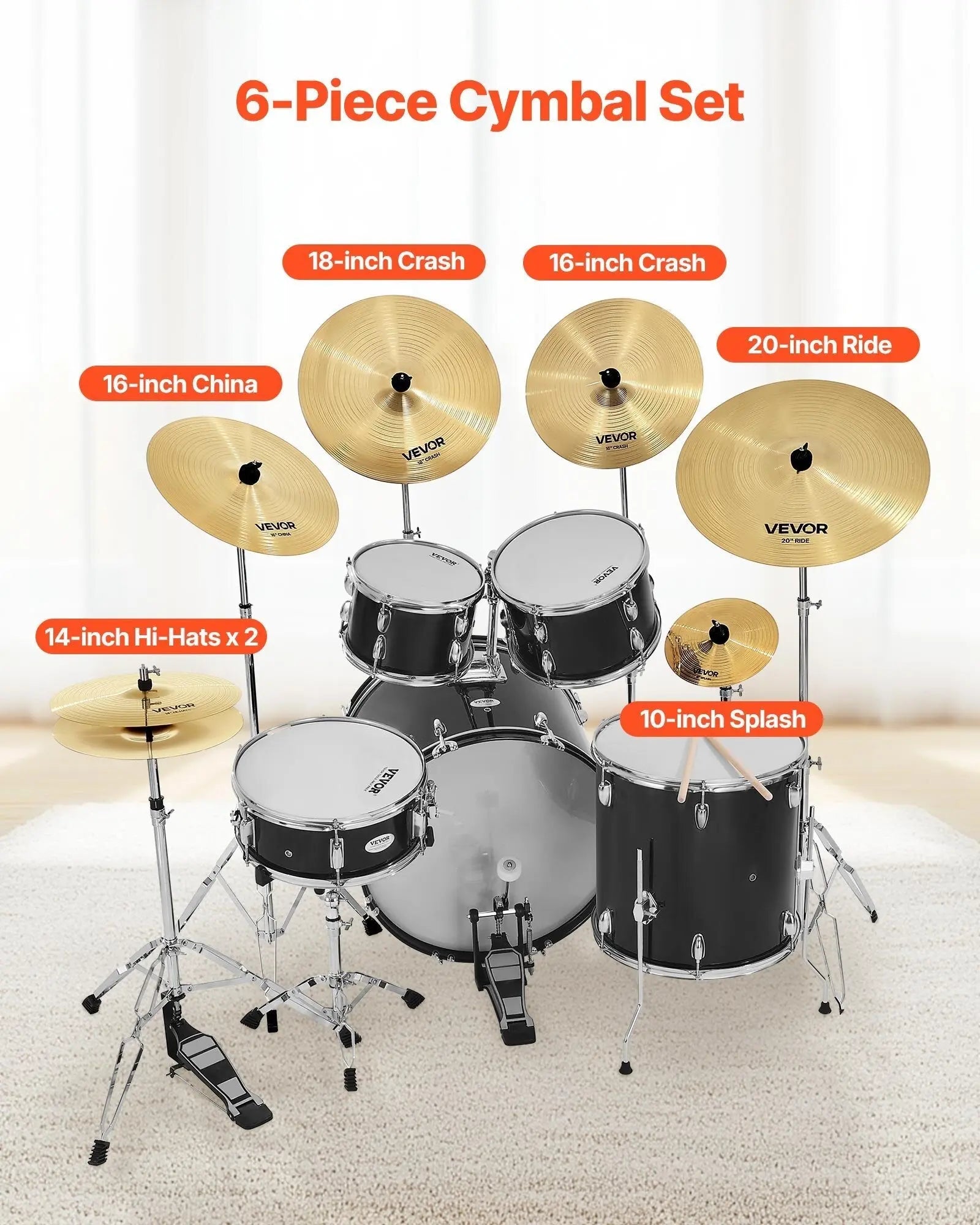 Cymbal Pack, 6 Pieces Cymbals for Drum Set, Alloy Cymbals Drum Set Includes 14 - inch Hi - Hats, 16 - inch Crash, 18 - inch Crash, 20 - inch Ride, 10 - inch Splash, 16 - inch China, Drumsticks & Cymbal Bag - Cool Brand Designs