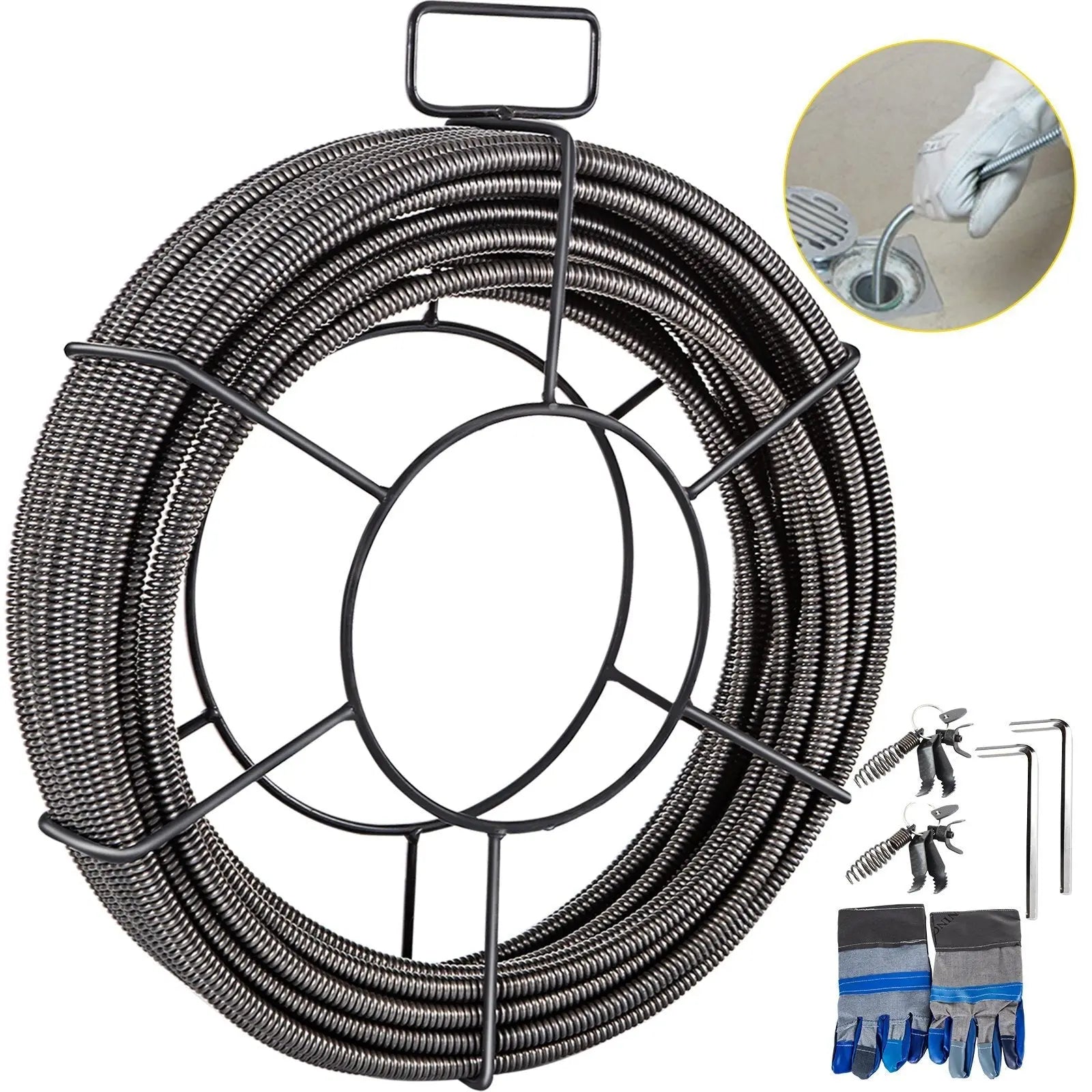 Drain Cleaning Cable 100 FT x 3/8 Inch, Solid Core Steel Sewer Cable with 4 Cutter for 2" to 4" Pipes, Sewer Auger Cleaner Cable for Sink, Floor Drain, Toilet - Cool Brand Designs