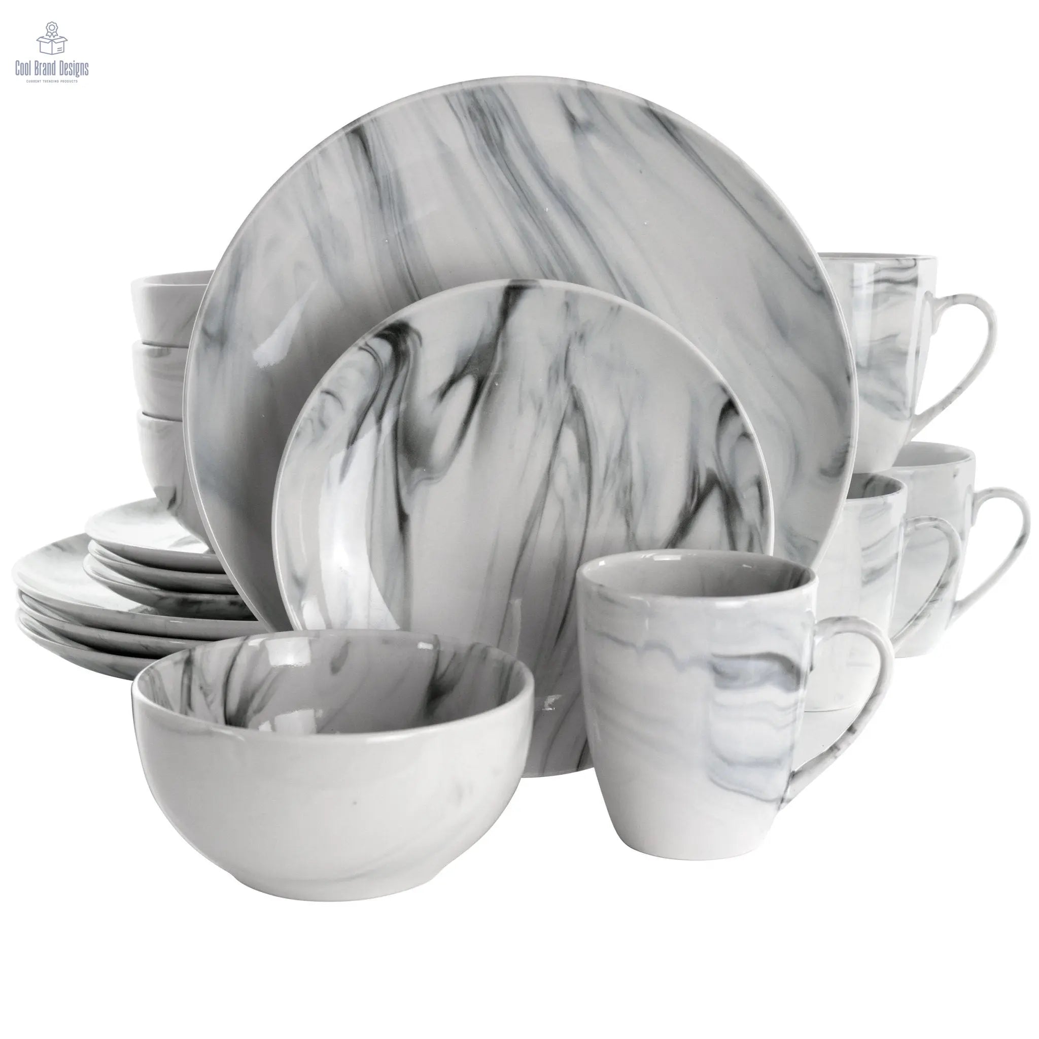 Elama Fine Marble 16 Piece Stoneware Dinnerware Set in Black and White - Cool Brand Designs