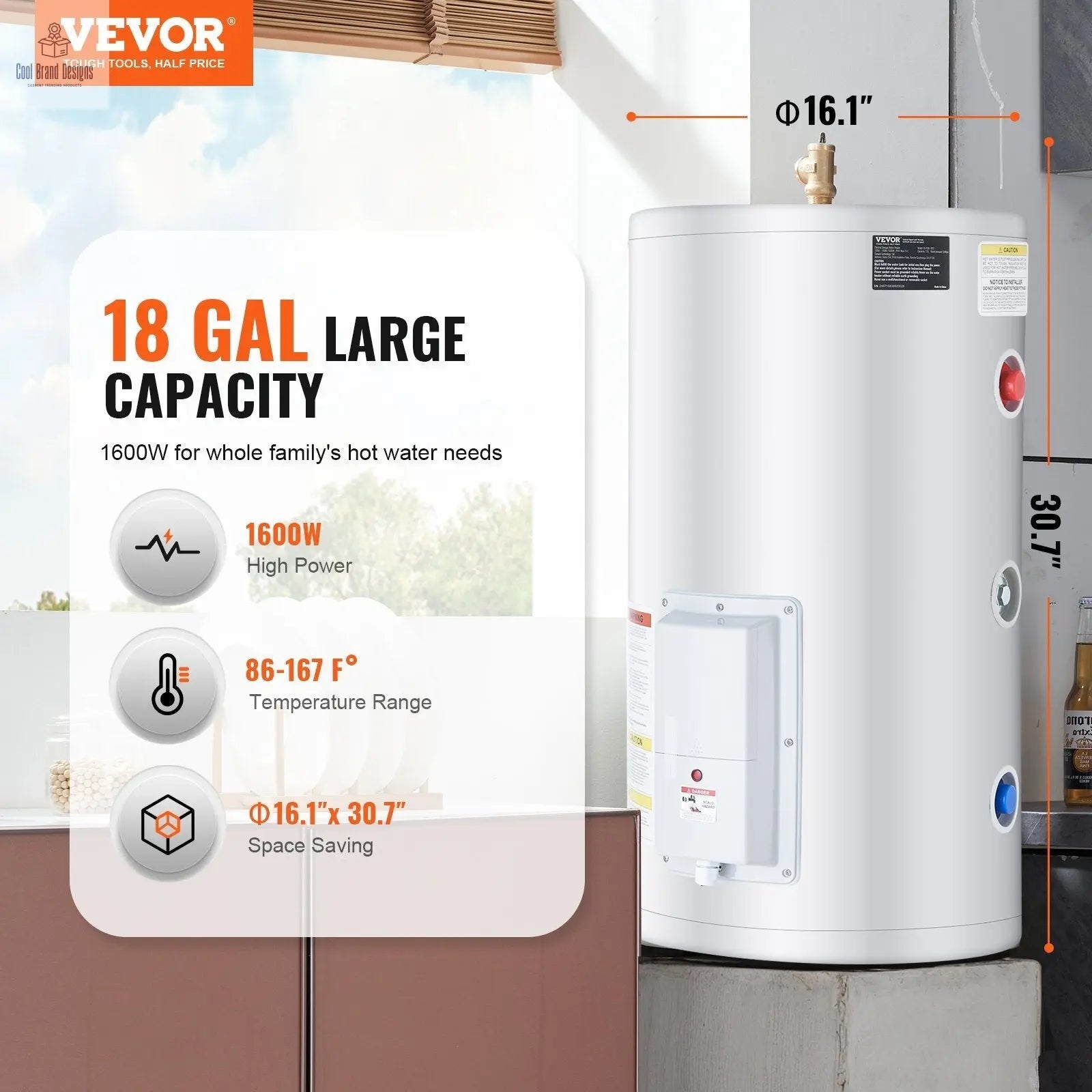 Electric Water Heater, 18 Gallon Tank Instant Hot Water Heater, 1.6Kw Tankless Water Heater w/ LED Display,Knob Control, IPX4 Waterproof Side Connection On Demand Heaters for Shower, Bath VEVOR