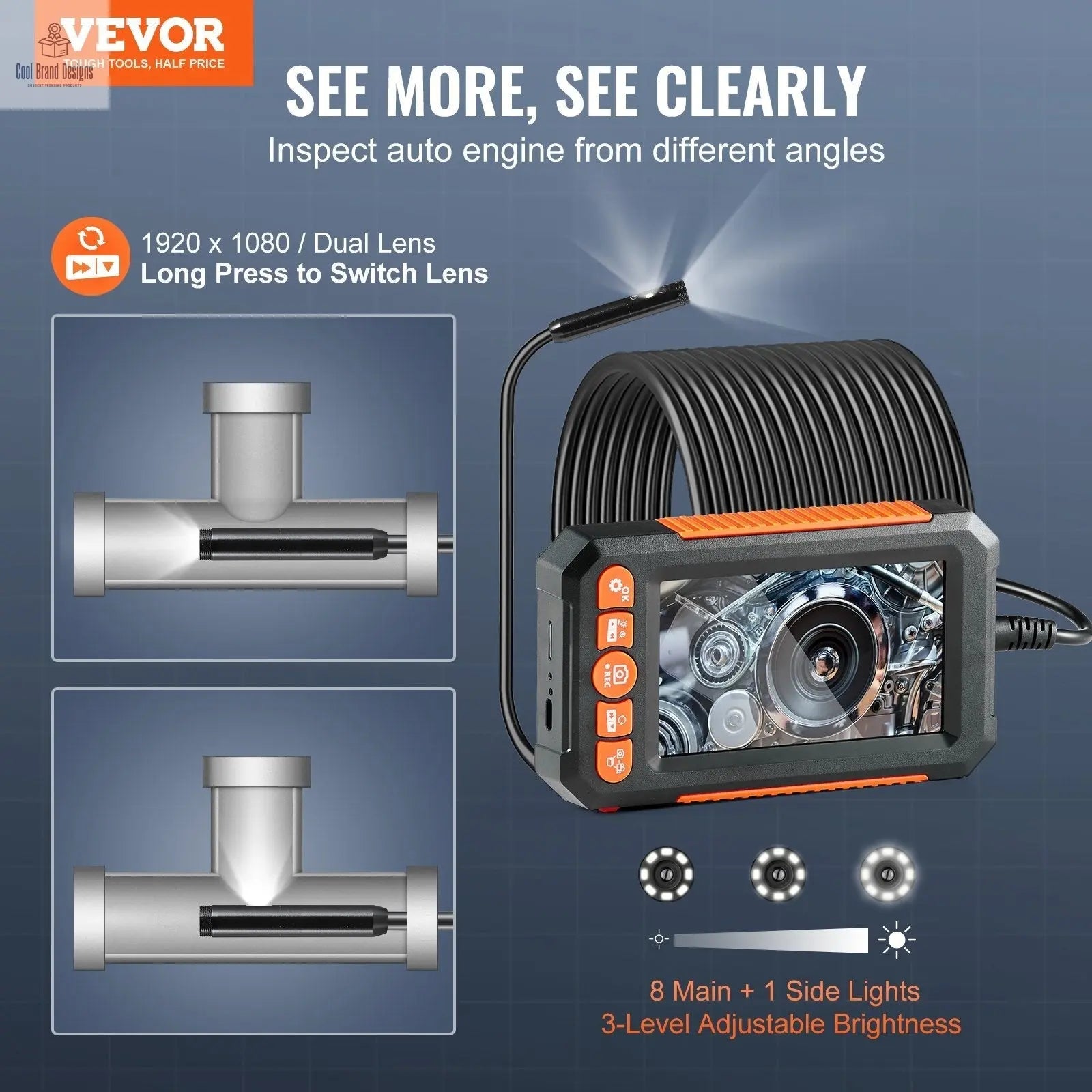Endoscope Camera with Light, Dual Lens Borescope with 49.2FT Semi - Rigid Cable - Cool Brand Designs