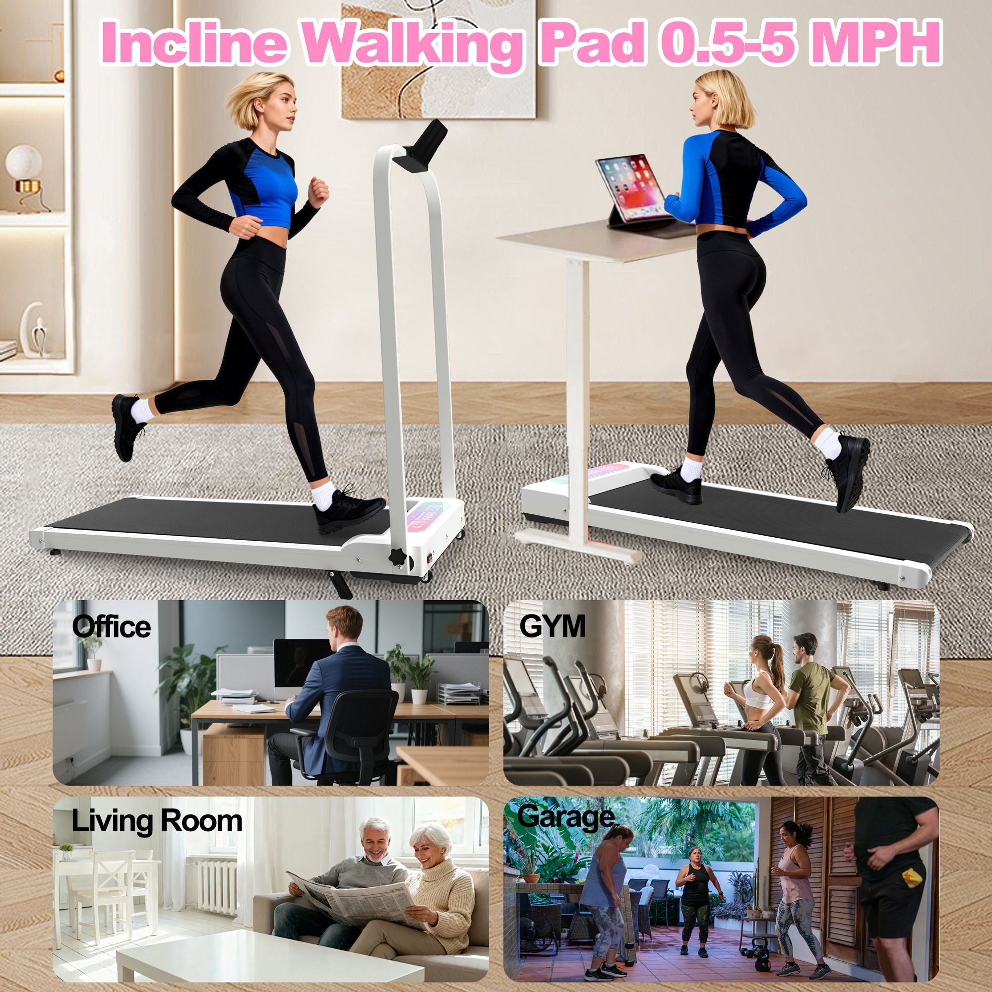 Foldable Treadmill with Handle Bar & Incline, 2 in 1 Upgrade Portable Under Desk Walking Pad and Vibration Pad with Remote Control for Home Office Small Spaces - Cool Brand Designs