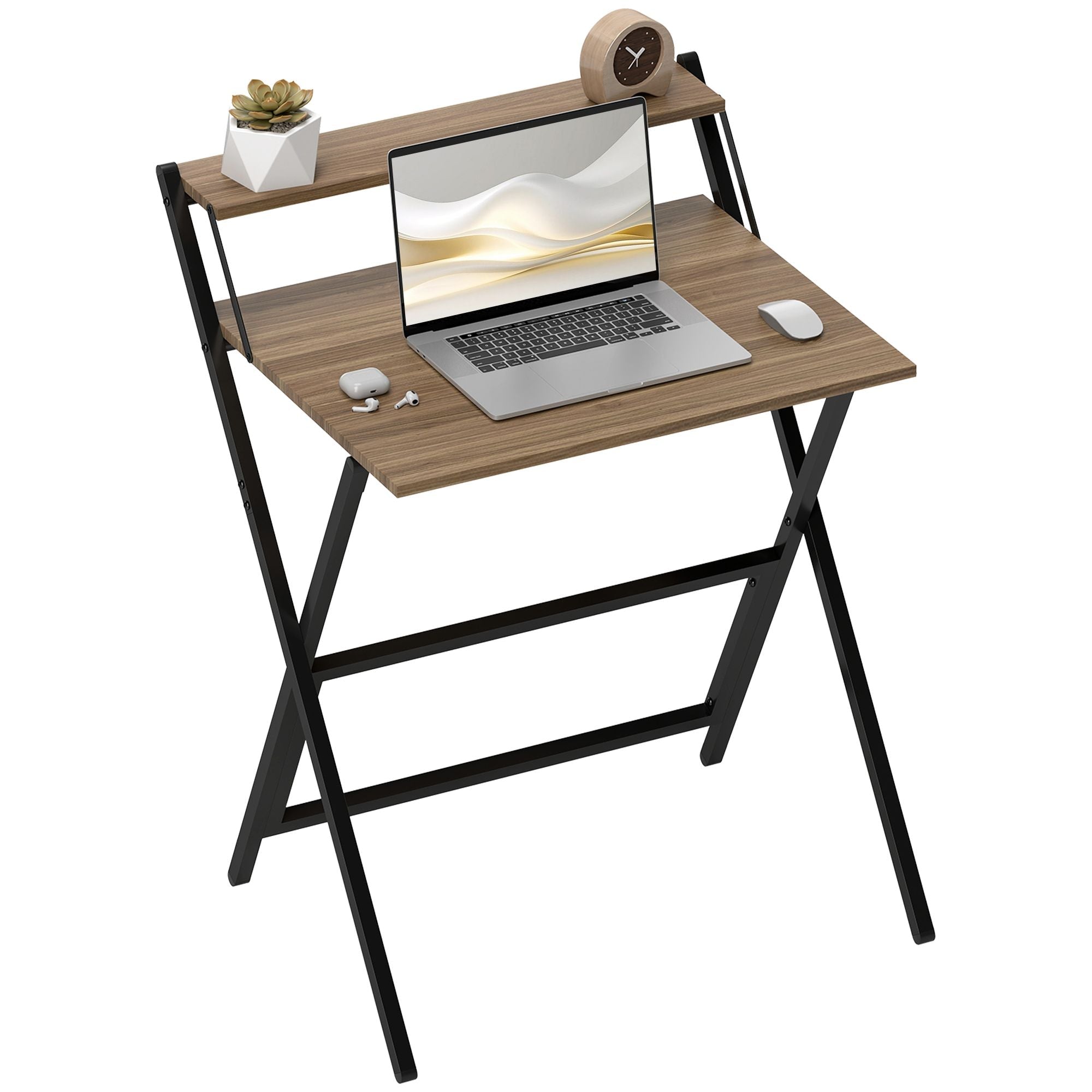 Folding Computer Desk, 27.6" Foldable Desk with Monitor Shelf for Small Space, Home Office, Study, Easy Assembly, Walnut - Cool Brand Designs