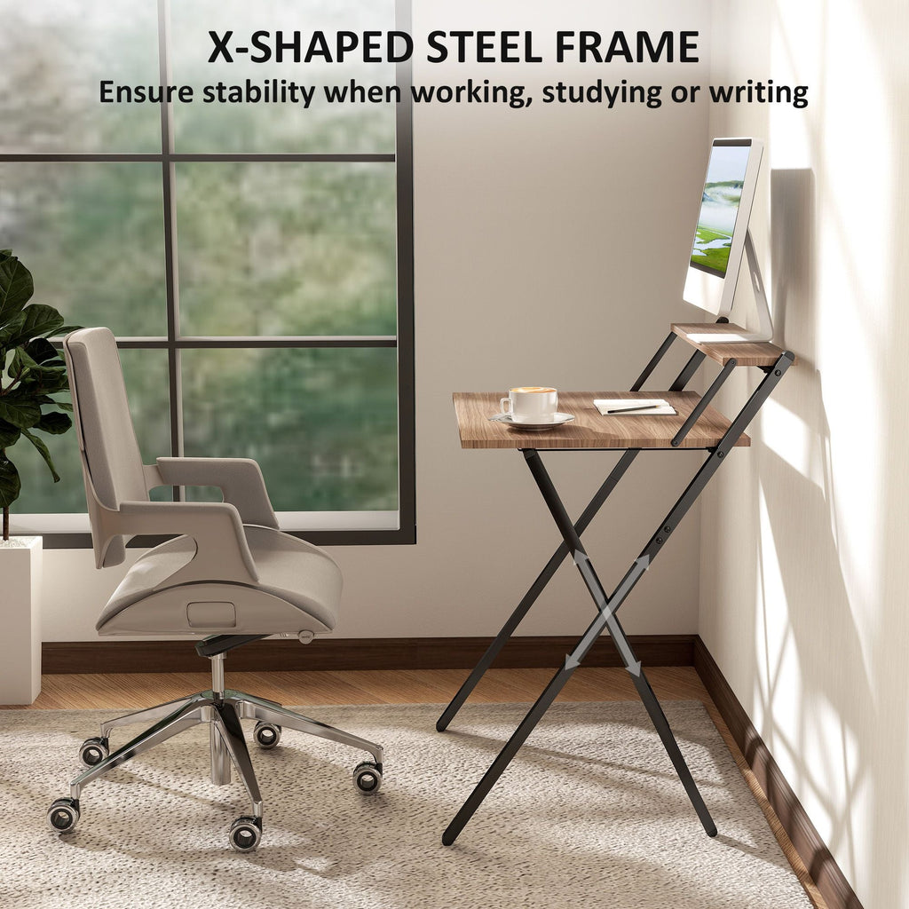 Folding Computer Desk, 27.6" Foldable Desk with Monitor Shelf for Small Space, Home Office, Study, Easy Assembly, Walnut - Cool Brand Designs