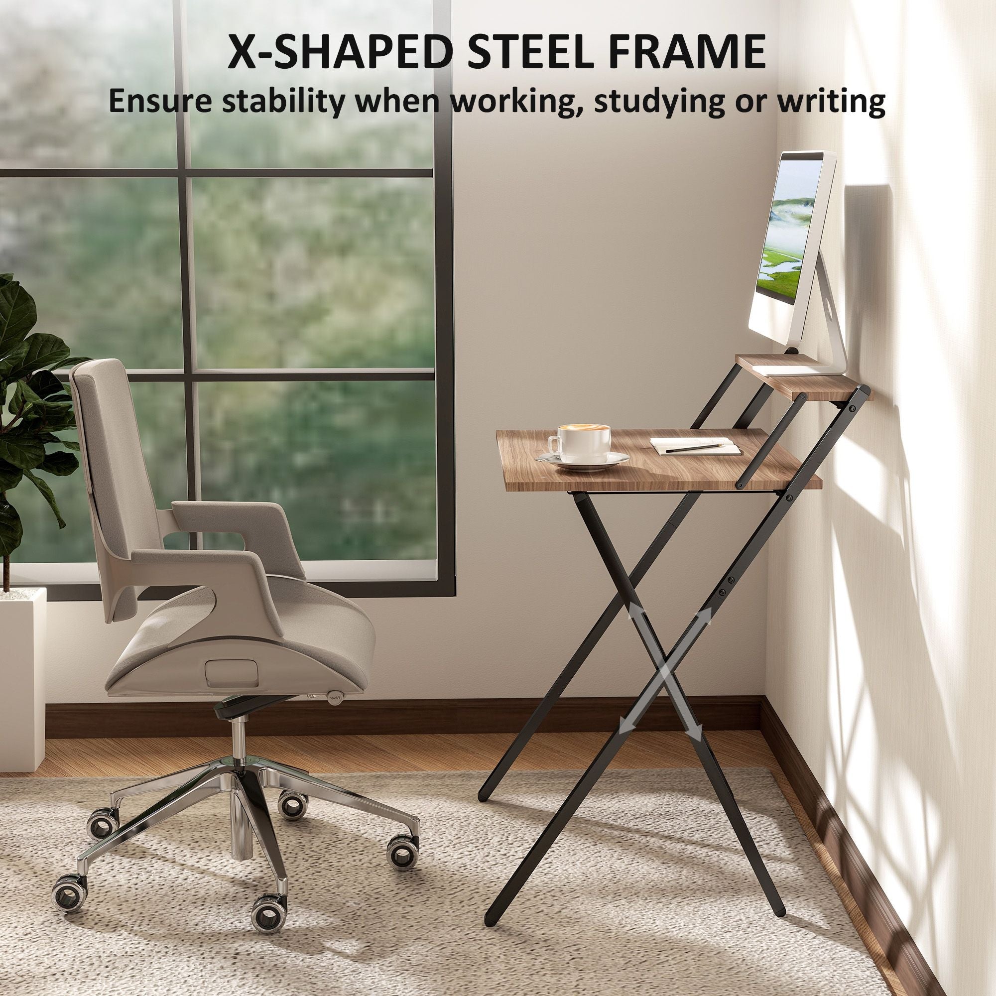 Folding Computer Desk, 27.6" Foldable Desk with Monitor Shelf for Small Space, Home Office, Study, Easy Assembly, Walnut - Cool Brand Designs