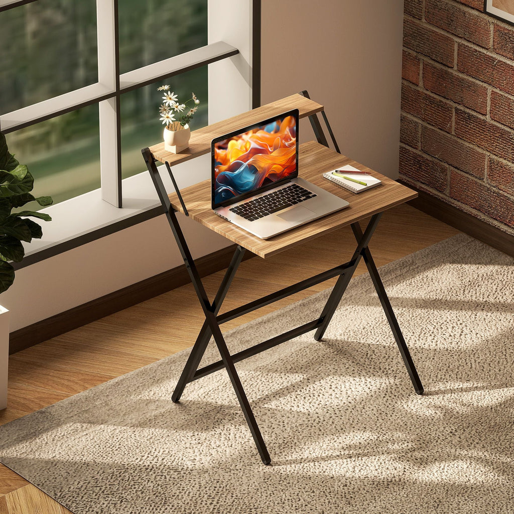Folding Computer Desk, 27.6" Foldable Desk with Monitor Shelf for Small Space, Home Office, Study, Easy Assembly, Walnut - Cool Brand Designs