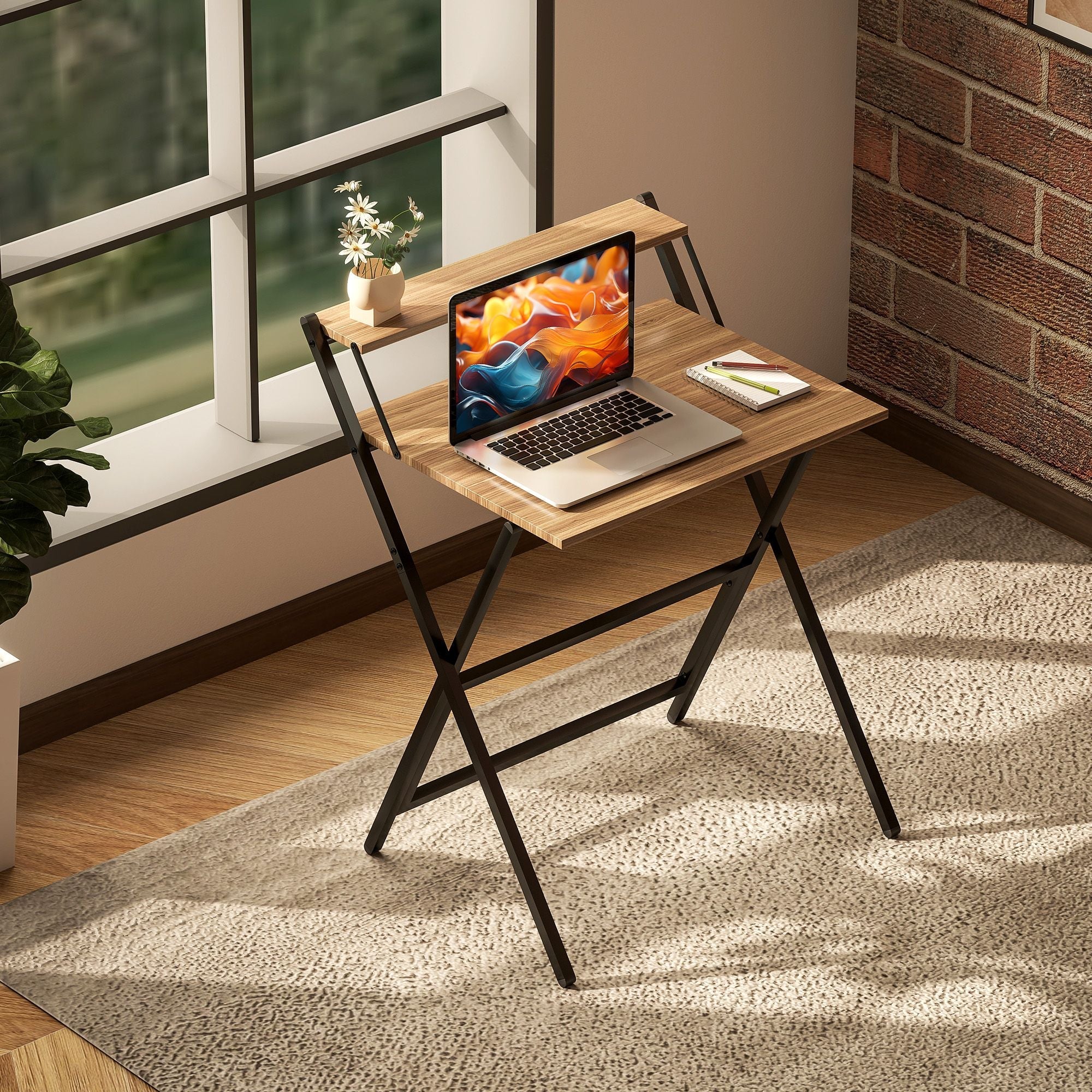 Folding Computer Desk, 27.6" Foldable Desk with Monitor Shelf for Small Space, Home Office, Study, Easy Assembly, Walnut - Cool Brand Designs