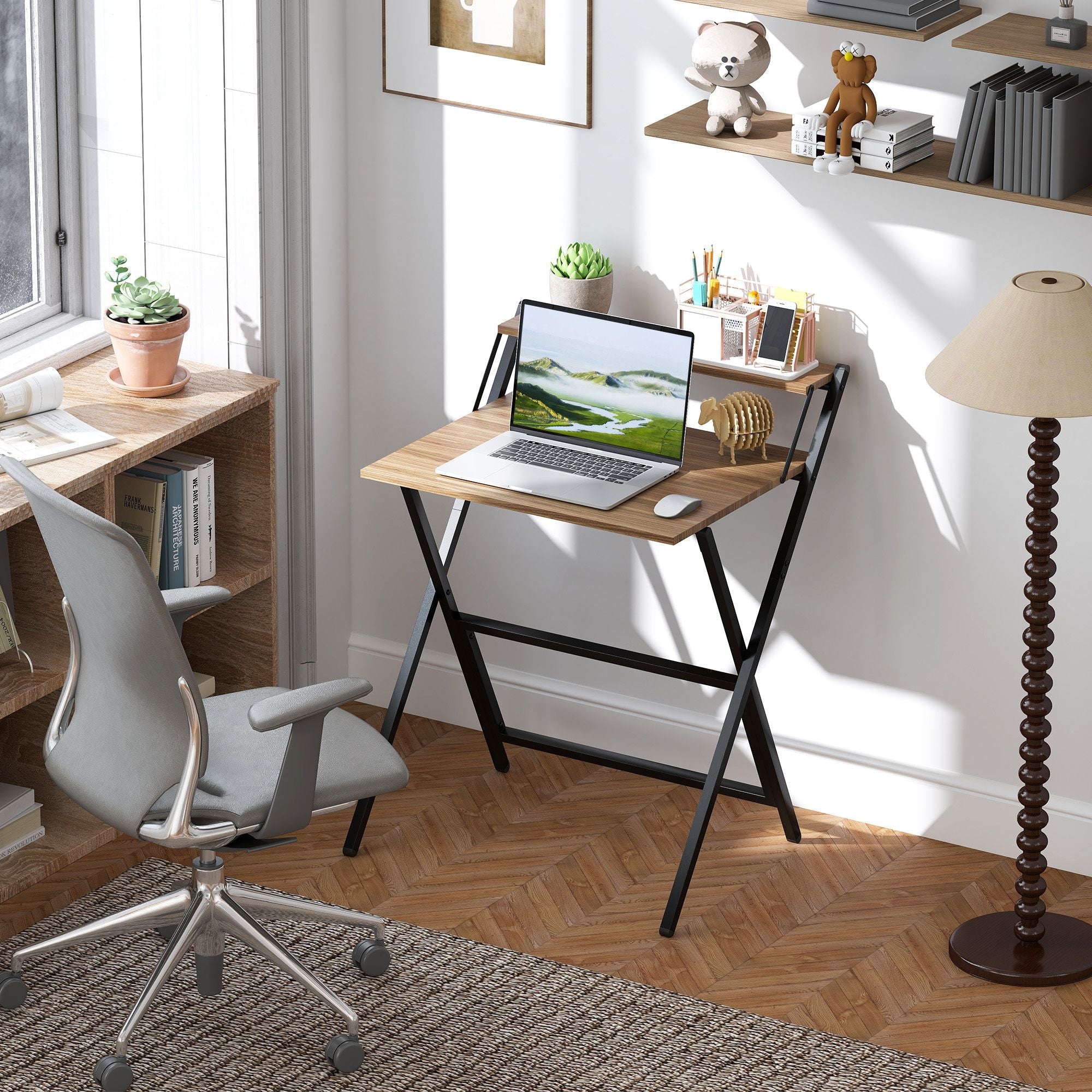 Folding Computer Desk, 27.6" Foldable Desk with Monitor Shelf for Small Space, Home Office, Study, Easy Assembly, Walnut - Cool Brand Designs