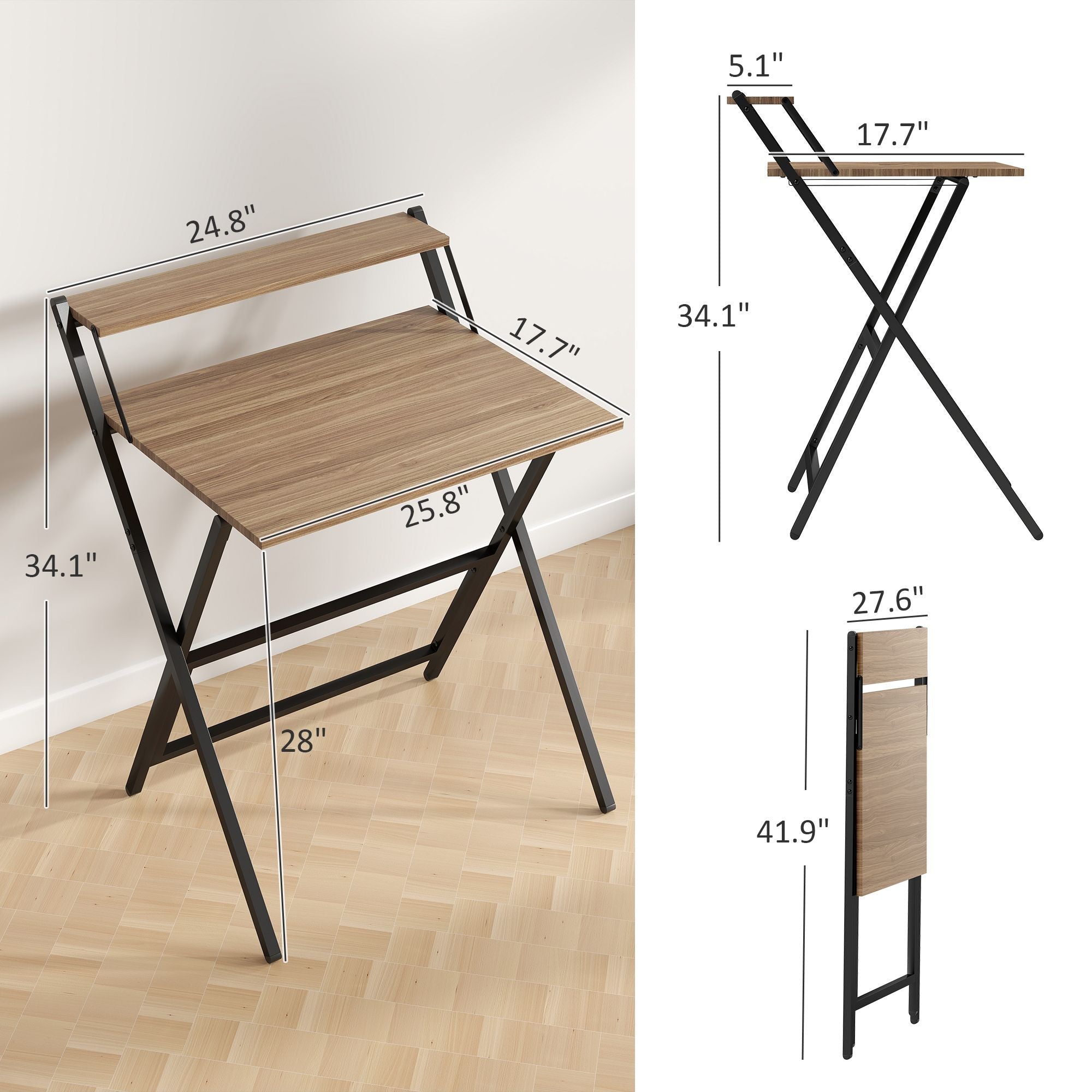 Folding Computer Desk, 27.6" Foldable Desk with Monitor Shelf for Small Space, Home Office, Study, Easy Assembly, Walnut - Cool Brand Designs
