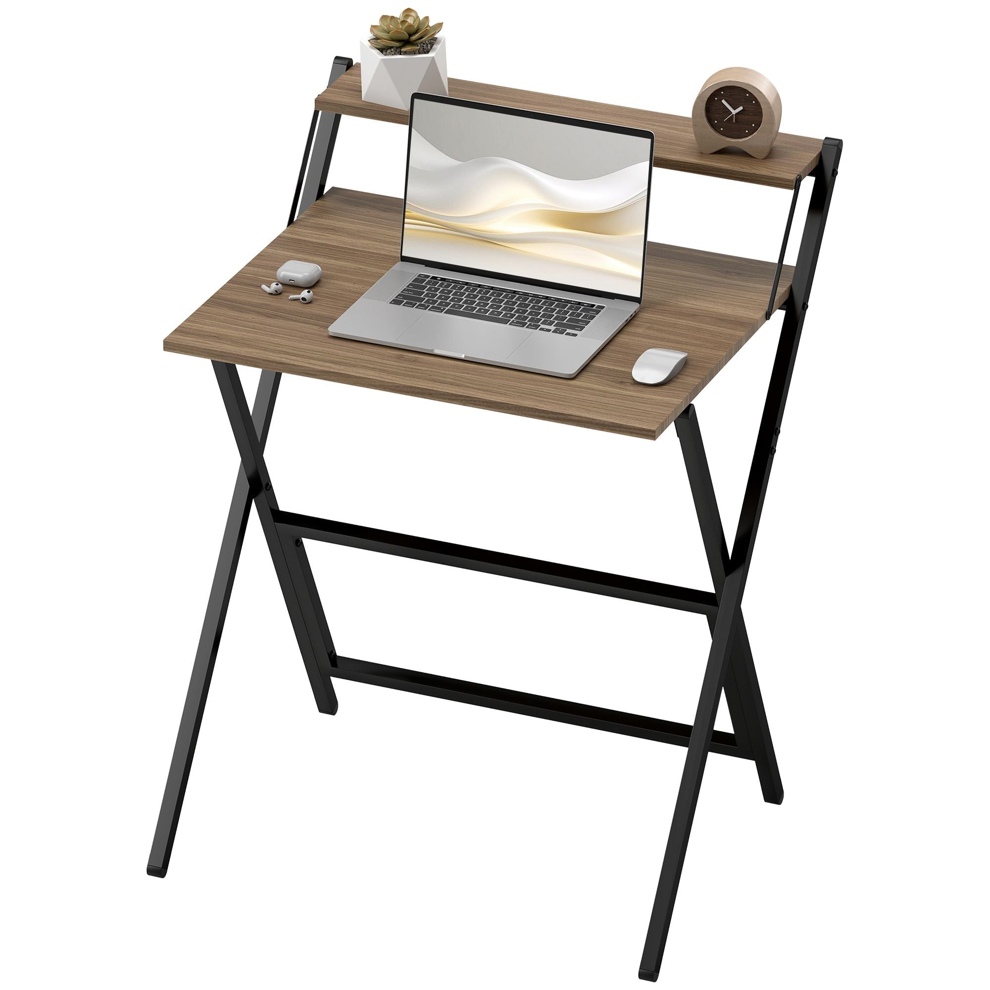 Folding Computer Desk, 27.6" Foldable Desk with Monitor Shelf for Small Space, Home Office, Study, Easy Assembly, Walnut - Cool Brand Designs