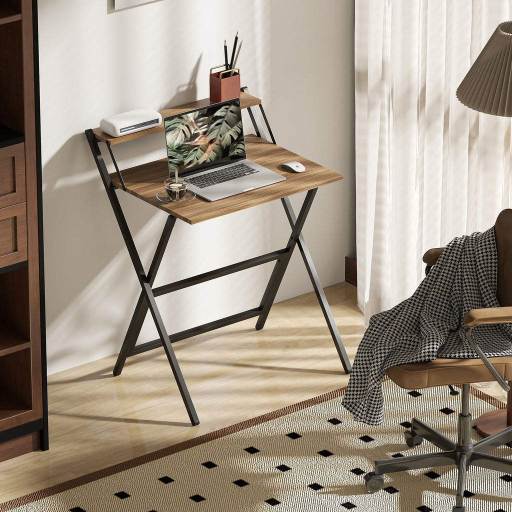 Folding Computer Desk, 27.6" Foldable Desk with Monitor Shelf for Small Space, Home Office, Study, Easy Assembly, Walnut - Cool Brand Designs