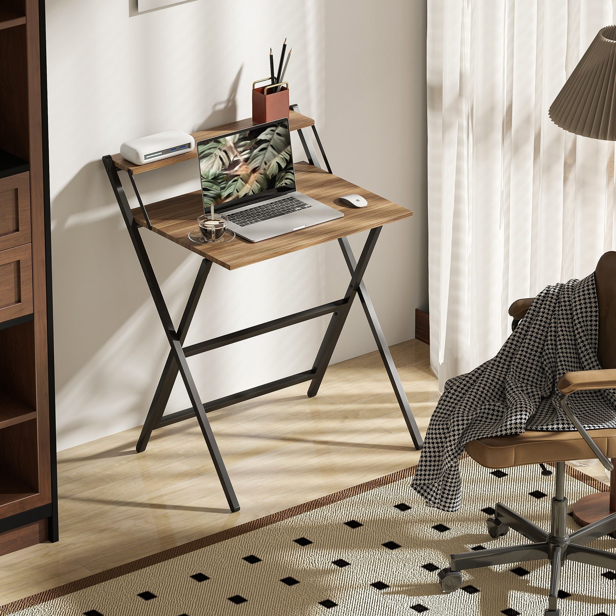 Folding Computer Desk, 27.6" Foldable Desk with Monitor Shelf for Small Space, Home Office, Study, Easy Assembly, Walnut - Cool Brand Designs