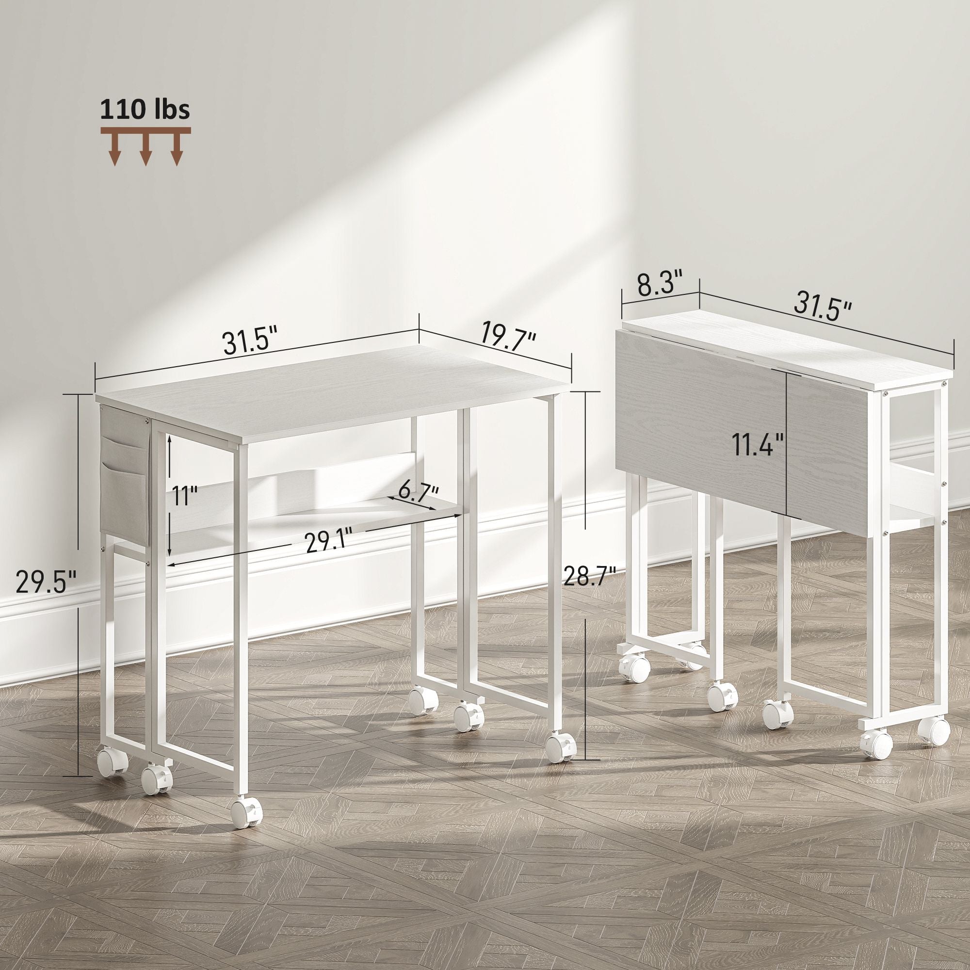 Folding Computer Desk, Foldable Desk with Storage Bag, Shelf and Wheels for Small Spaces, Home Office, White - Cool Brand Designs