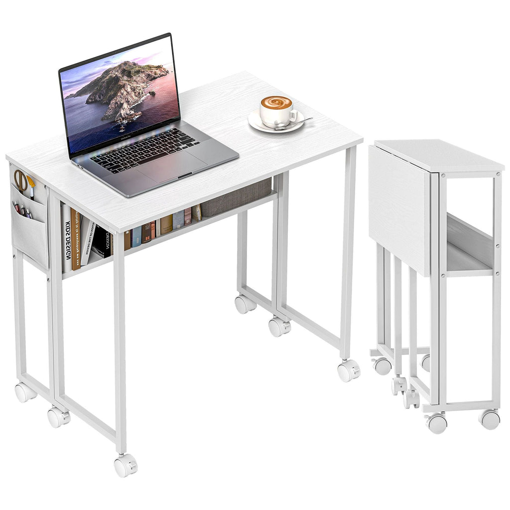 Folding Computer Desk, Foldable Desk with Storage Bag, Shelf and Wheels for Small Spaces, Home Office, White - Cool Brand Designs
