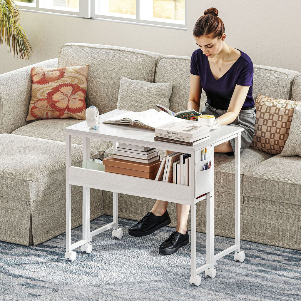 Folding Computer Desk, Foldable Desk with Storage Bag, Shelf and Wheels for Small Spaces, Home Office, White - Cool Brand Designs