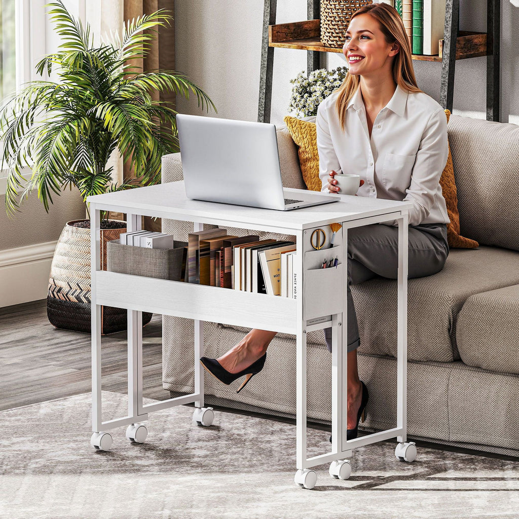 Folding Computer Desk, Foldable Desk with Storage Bag, Shelf and Wheels for Small Spaces, Home Office, White - Cool Brand Designs