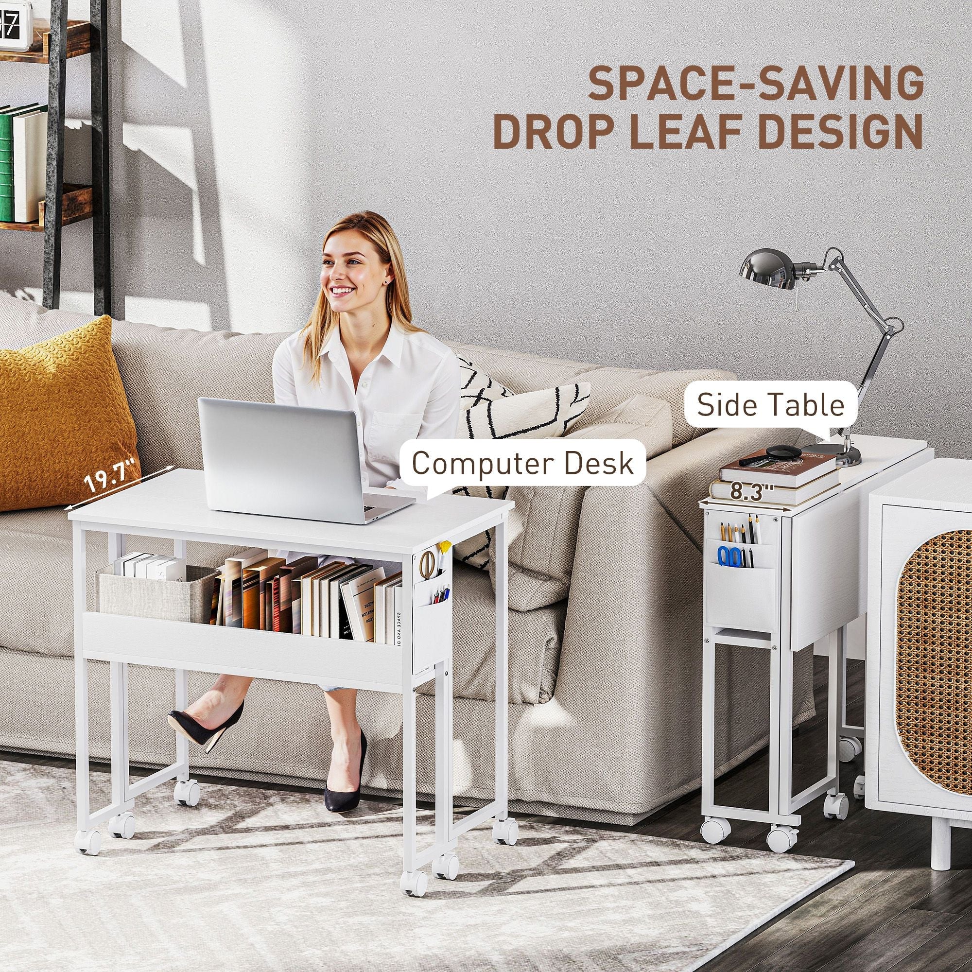 Folding Computer Desk, Foldable Desk with Storage Bag, Shelf and Wheels for Small Spaces, Home Office, White - Cool Brand Designs
