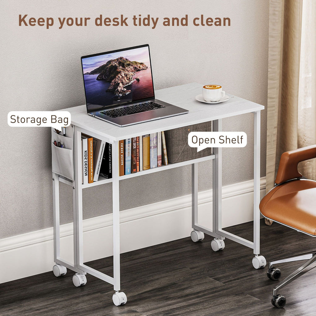 Folding Computer Desk, Foldable Desk with Storage Bag, Shelf and Wheels for Small Spaces, Home Office, White - Cool Brand Designs