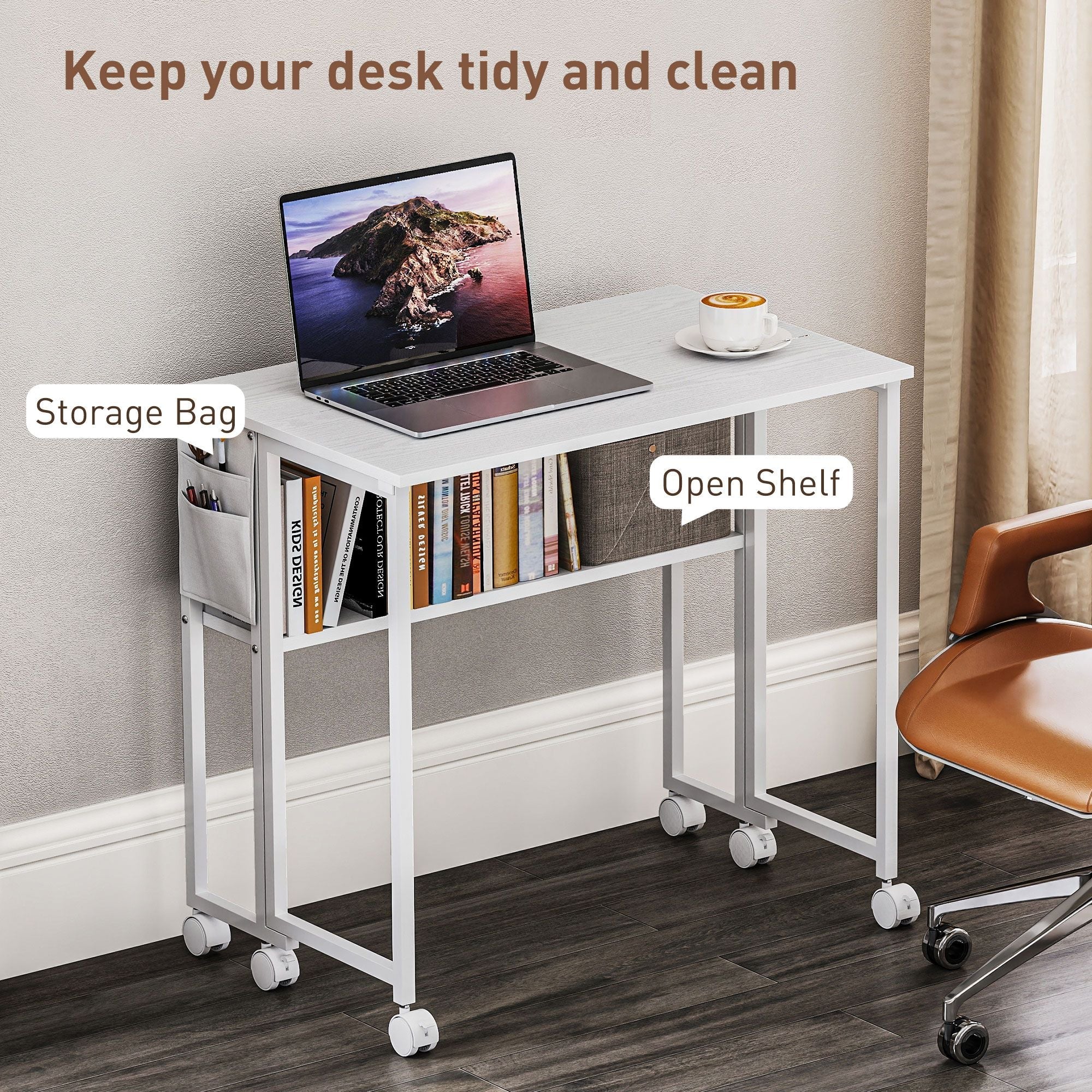 Folding Computer Desk, Foldable Desk with Storage Bag, Shelf and Wheels for Small Spaces, Home Office, White - Cool Brand Designs