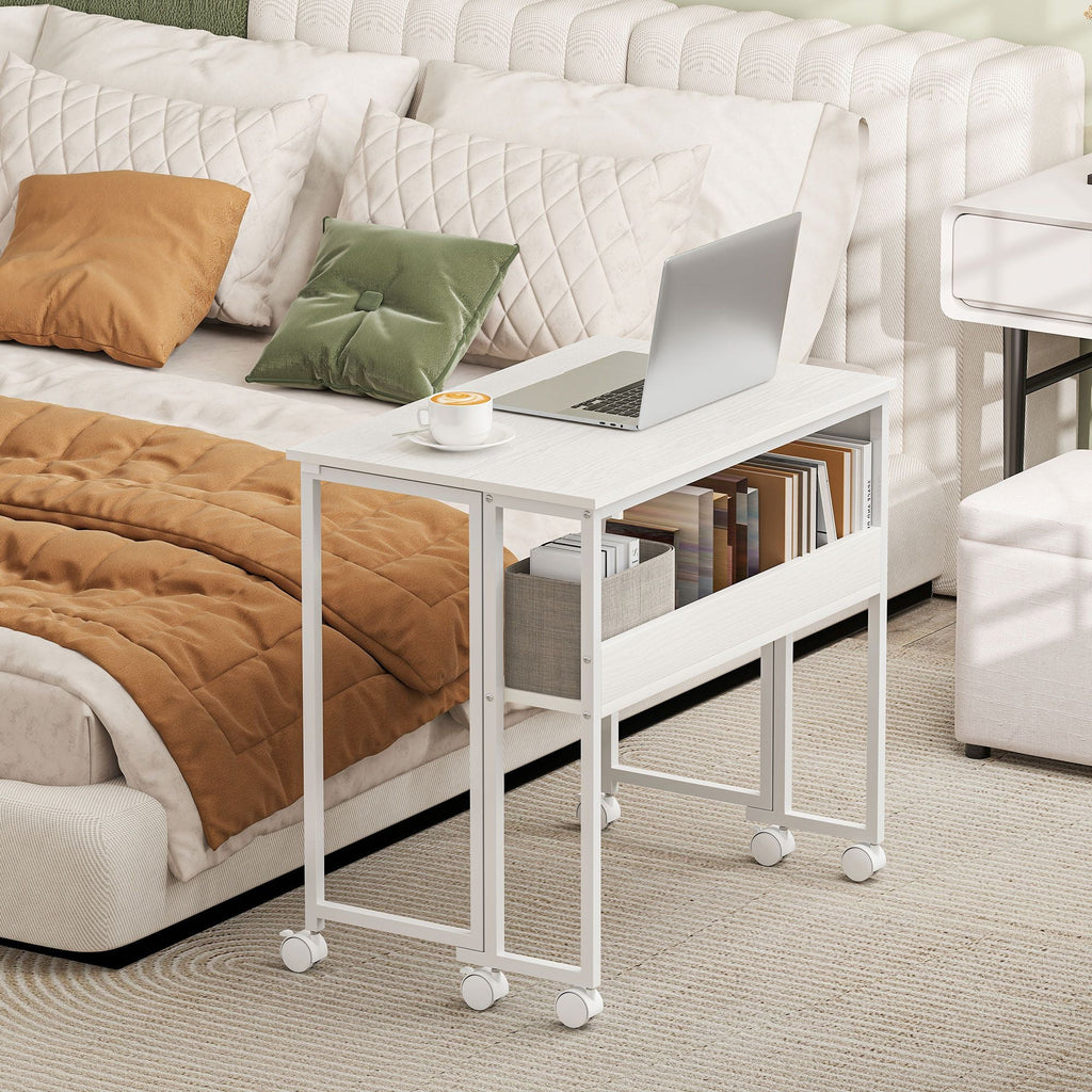 Folding Computer Desk, Foldable Desk with Storage Bag, Shelf and Wheels for Small Spaces, Home Office, White - Cool Brand Designs