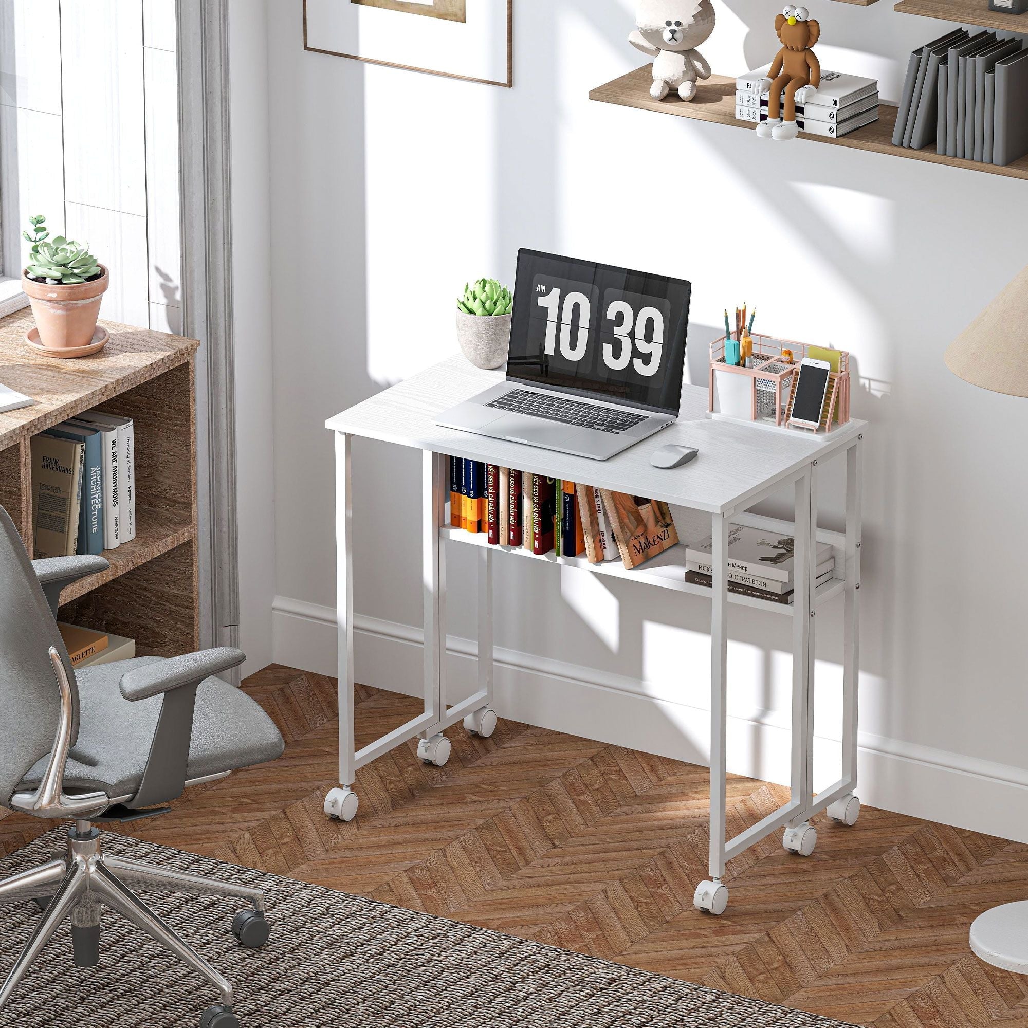 Folding Computer Desk, Foldable Desk with Storage Bag, Shelf and Wheels for Small Spaces, Home Office, White - Cool Brand Designs
