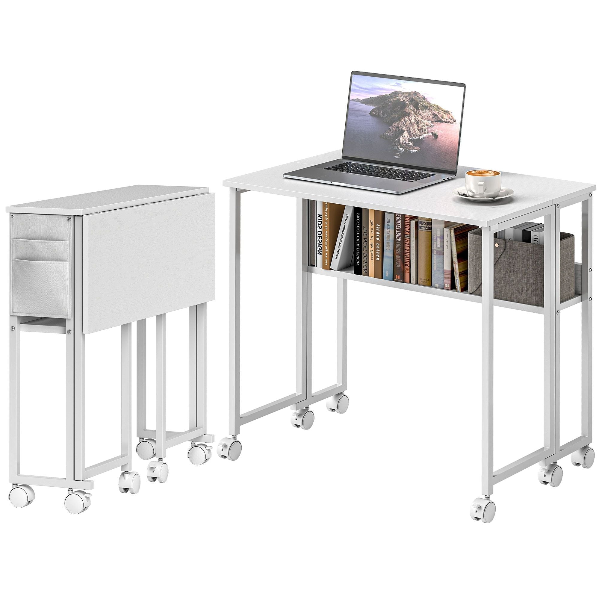 Folding Computer Desk, Foldable Desk with Storage Bag, Shelf and Wheels for Small Spaces, Home Office, White - Cool Brand Designs