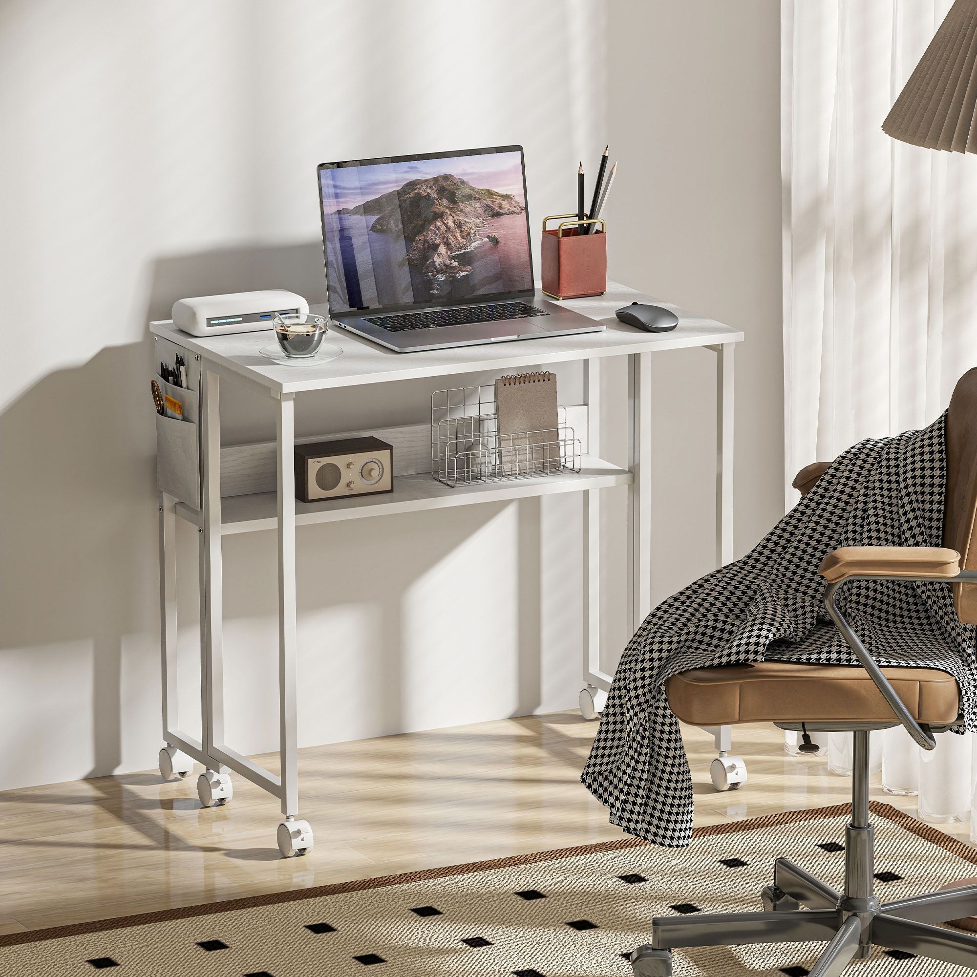 Folding Computer Desk, Foldable Desk with Storage Bag, Shelf and Wheels for Small Spaces, Home Office, White - Cool Brand Designs