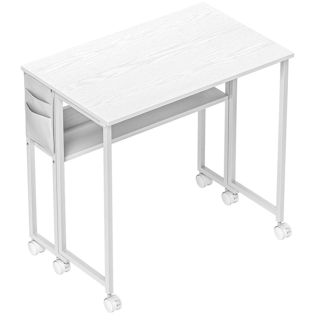 Folding Computer Desk, Foldable Desk with Storage Bag, Shelf and Wheels for Small Spaces, Home Office, White - Cool Brand Designs
